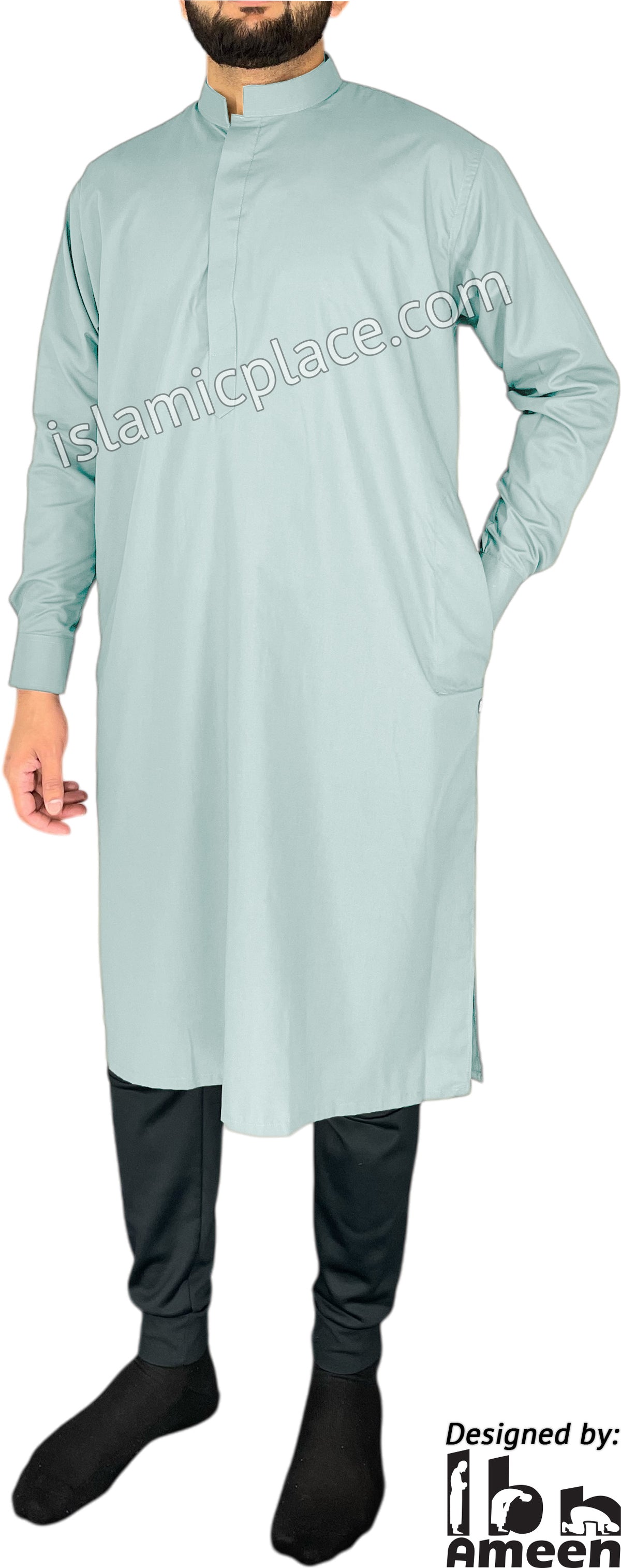 Sky Blue - Men Saudi Ad-Daffah Plain Kameez by Ibn Ameen
