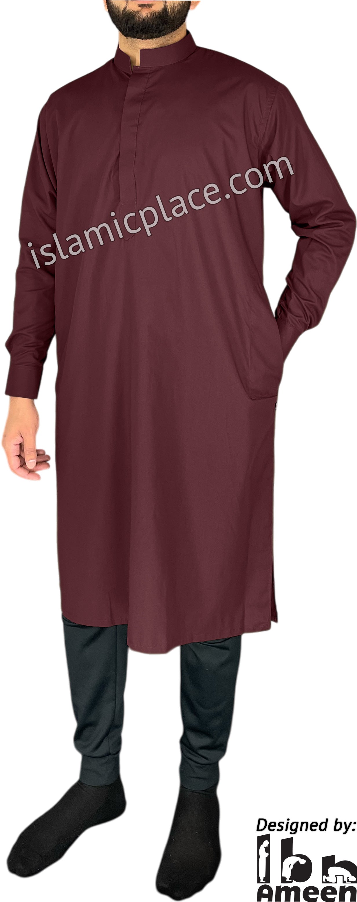 Wine - Men Saudi Ad-Daffah Plain Kameez by Ibn Ameen