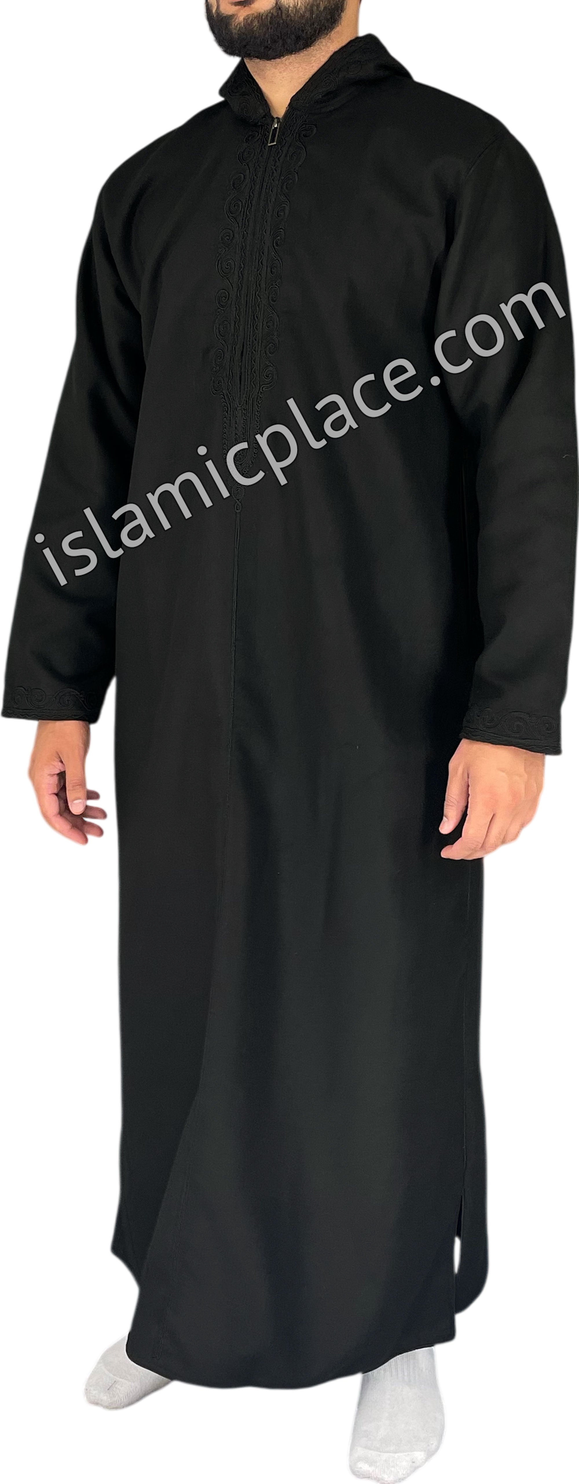 Black - Wool Moroccan Hooded Thob - The Islamic Place