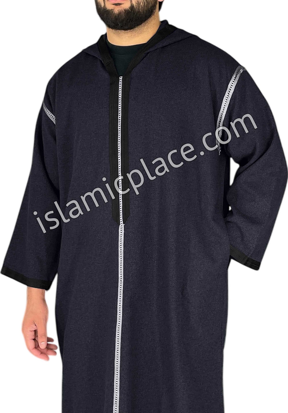 Navy Blue - Men Moroccan Hooded Thob in Heavy Fabric
