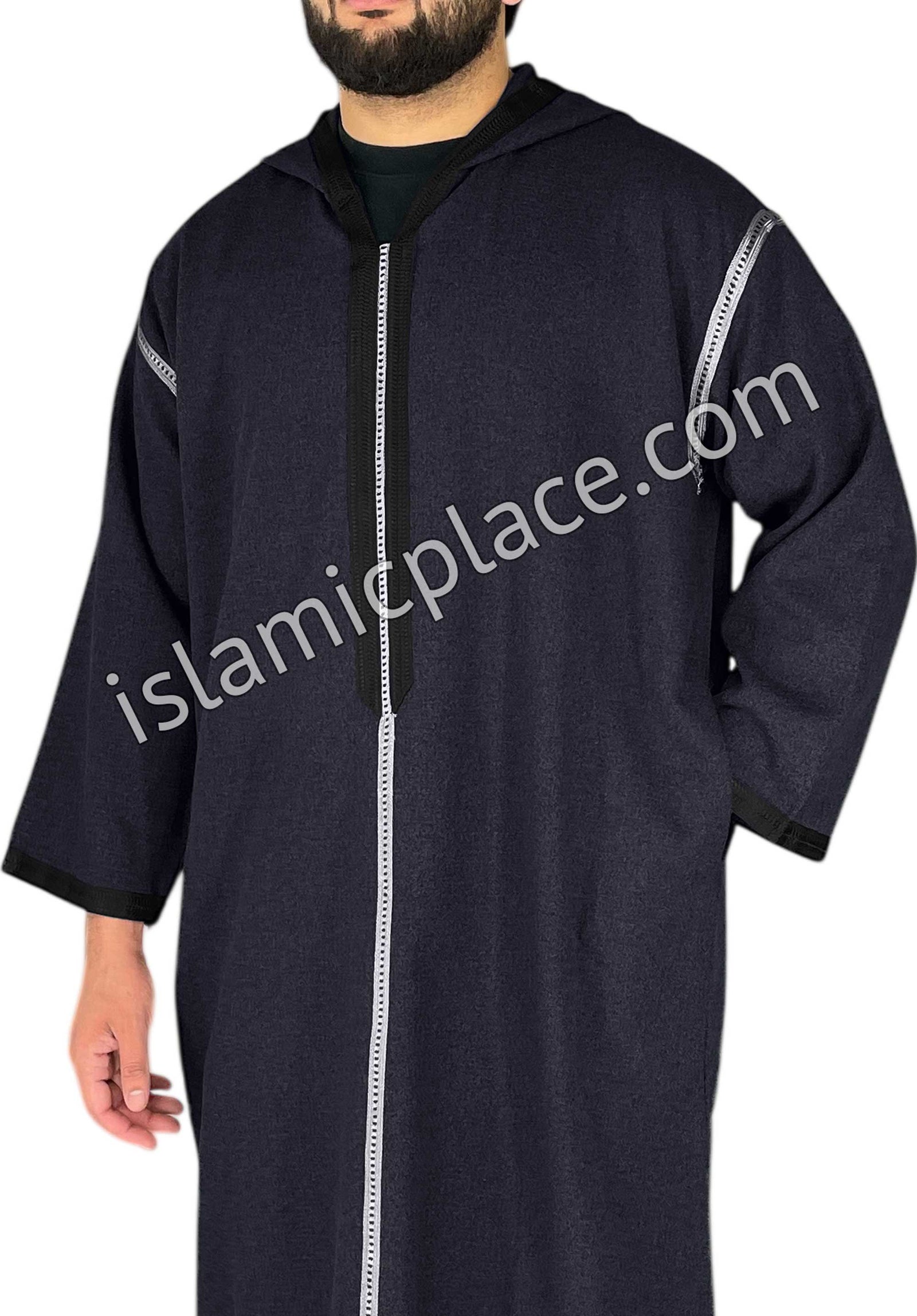 Navy Blue - Men Moroccan Hooded Thob in Heavy Fabric
