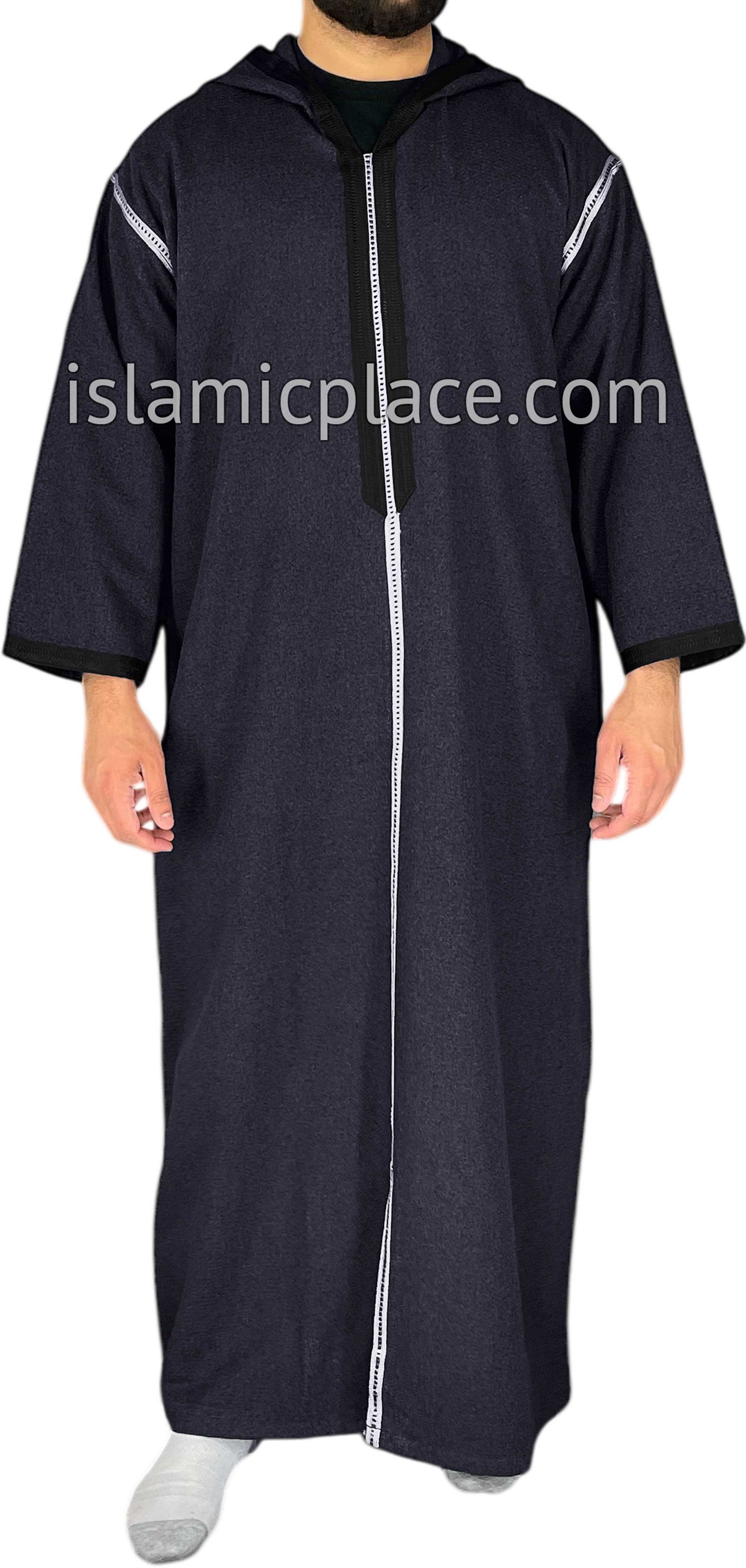 Navy Blue - Men Moroccan Hooded Thob in Heavy Fabric