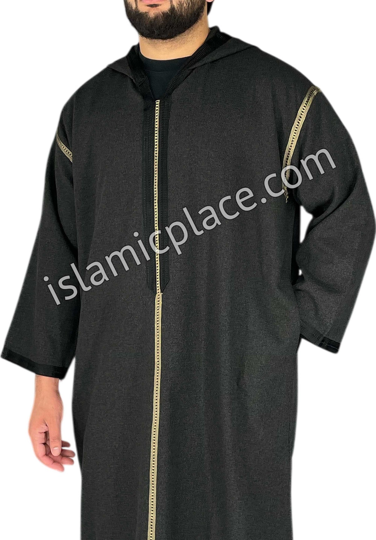Black - Men Moroccan Hooded Thob in Heavy Fabric