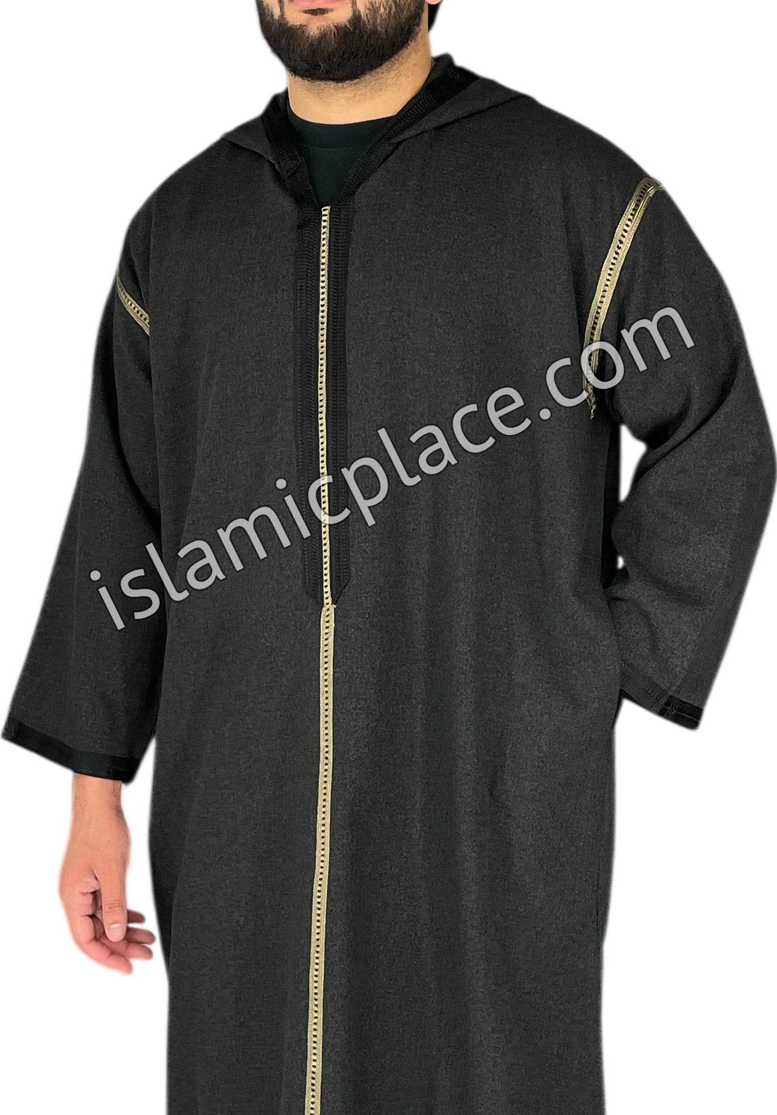 Black - Men Moroccan Hooded Thob in Heavy Fabric