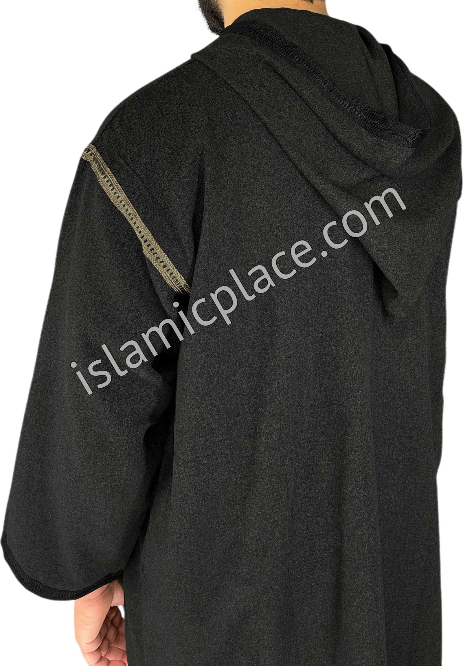 Black - Men Moroccan Hooded Thob in Heavy Fabric