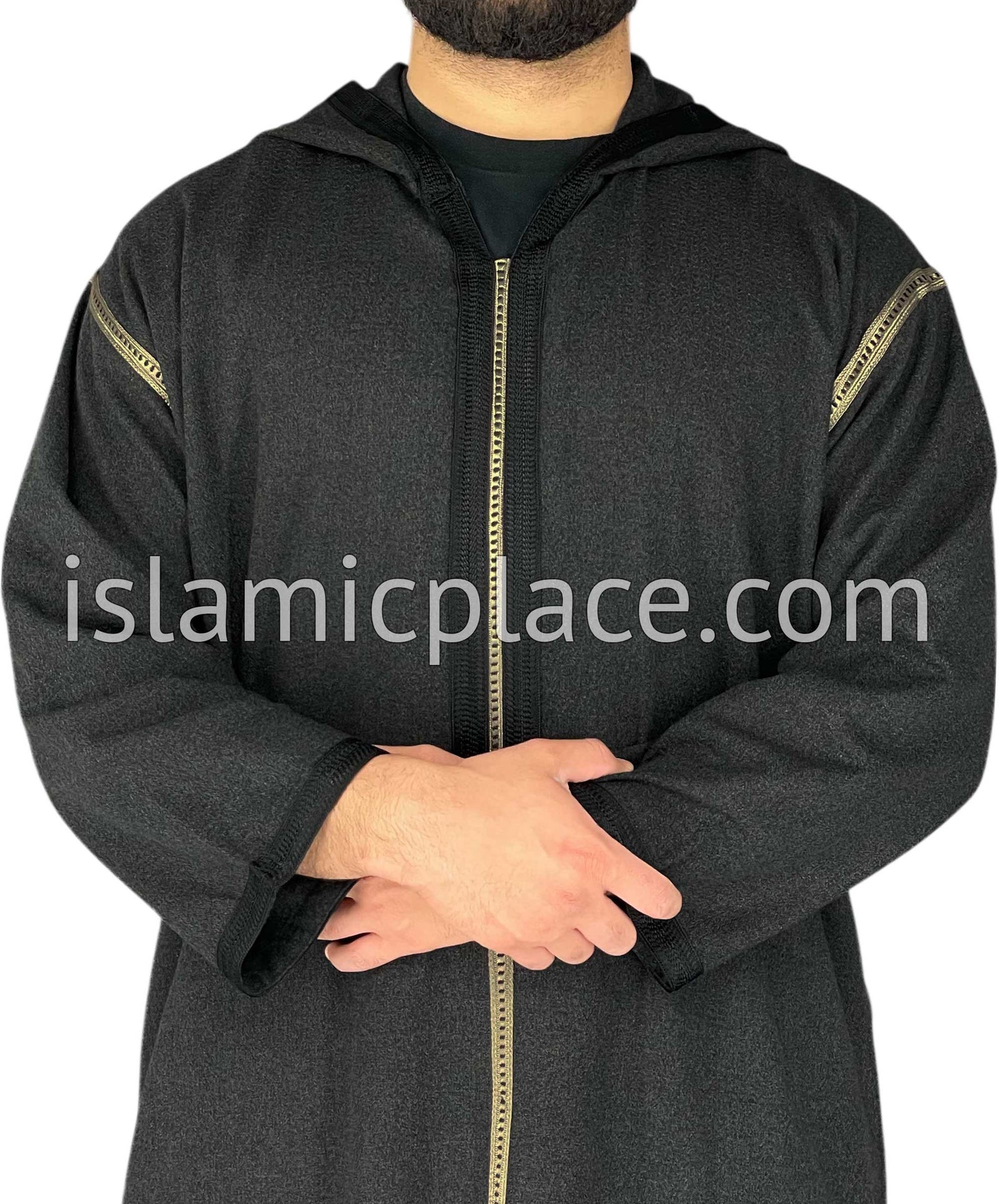 Black - Men Moroccan Hooded Thob in Heavy Fabric