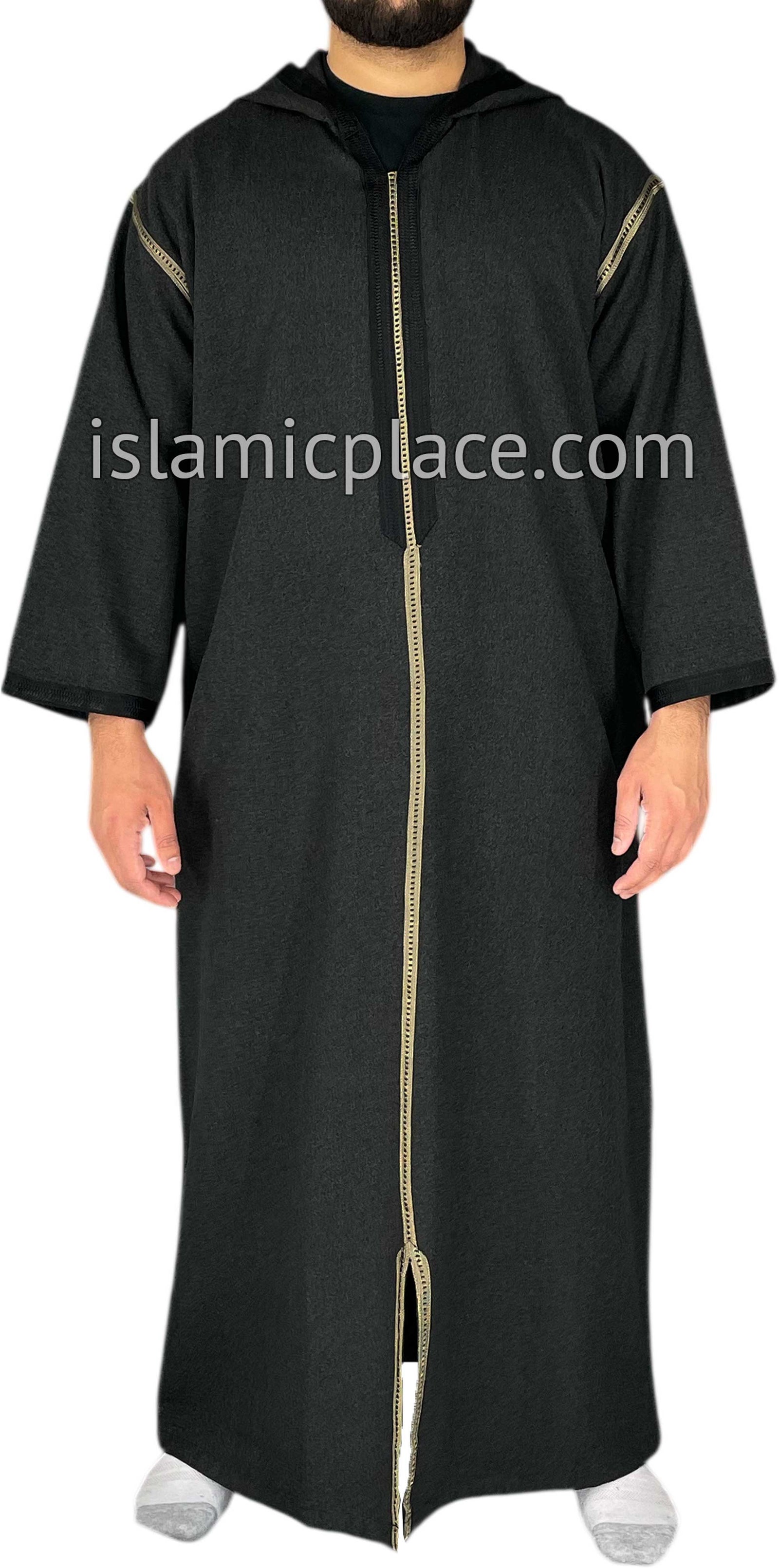 Black - Men Moroccan Hooded Thob in Heavy Fabric