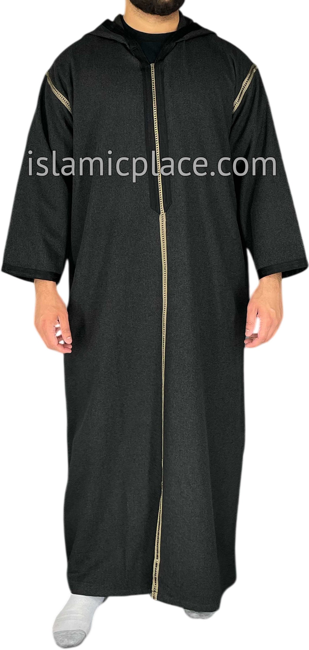 Black - Men Moroccan Hooded Thob in Heavy Fabric