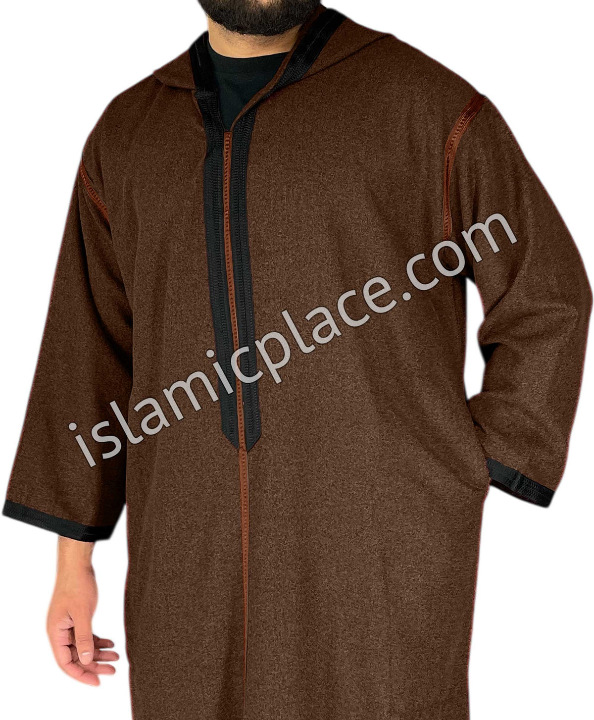 Brown - Men Moroccan Hooded Thob in Heavy Fabric