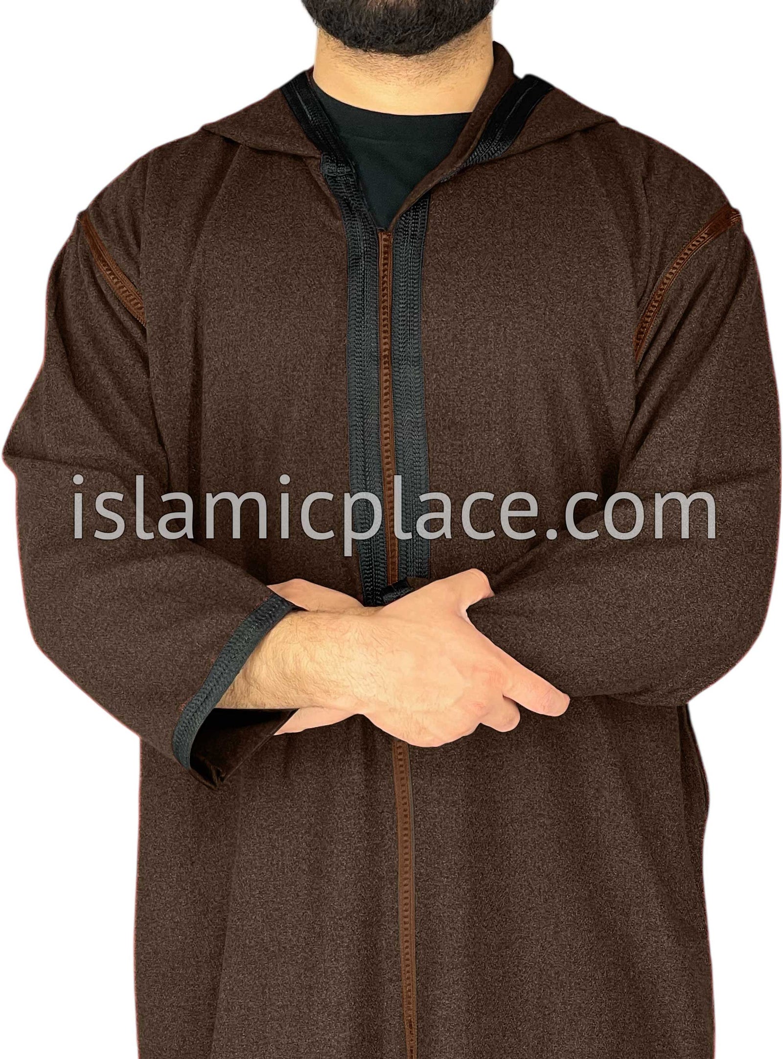 Brown - Men Moroccan Hooded Thob in Heavy Fabric