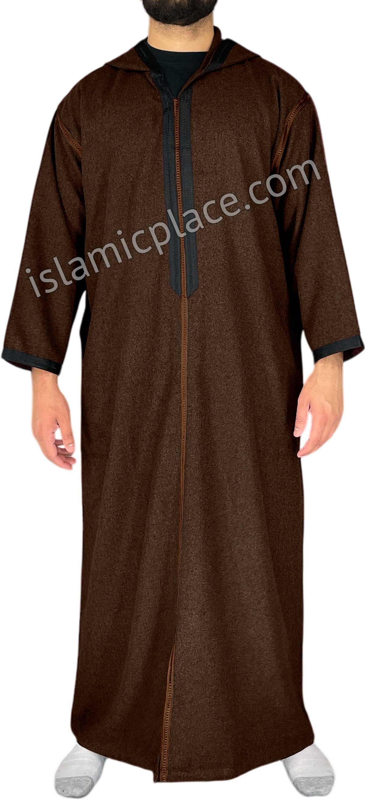 Brown - Men Moroccan Hooded Thob in Heavy Fabric