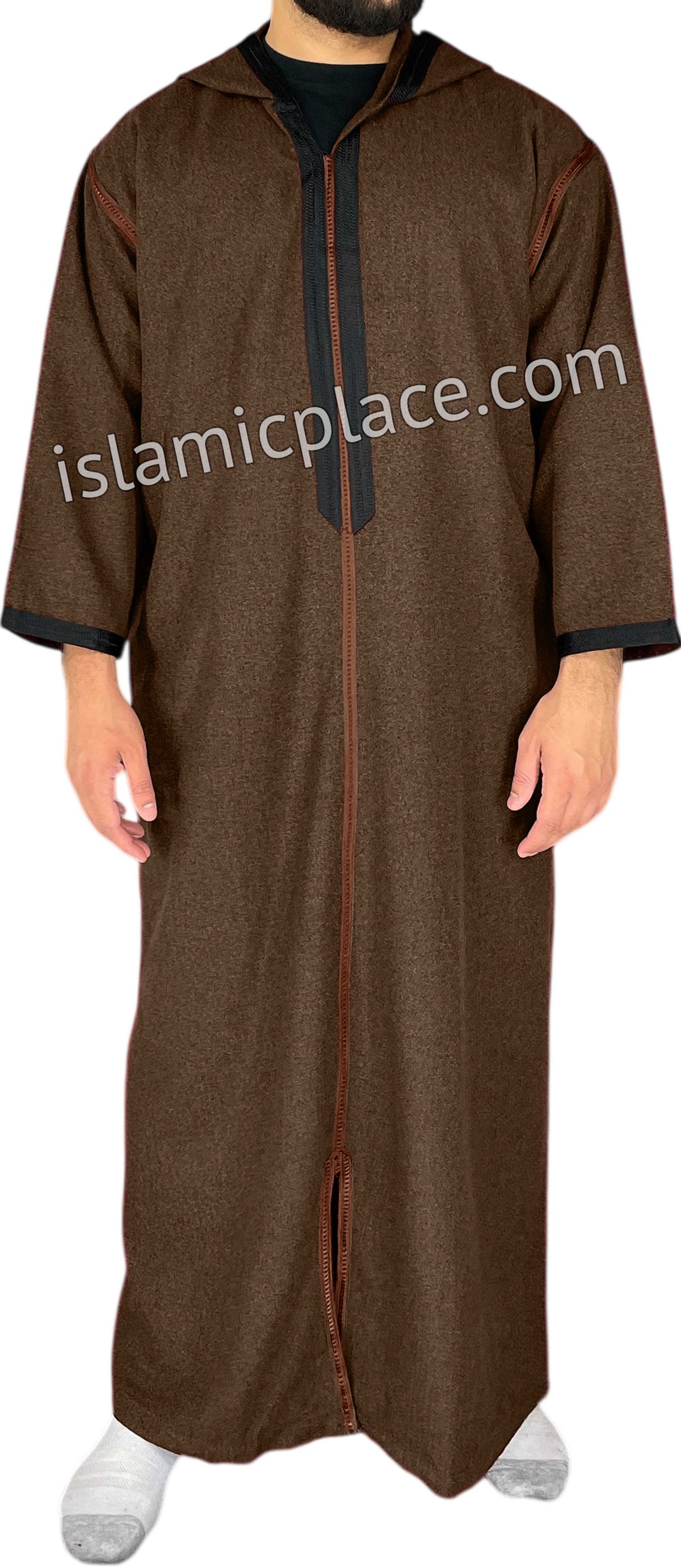 Brown - Men Moroccan Hooded Thob in Heavy Fabric