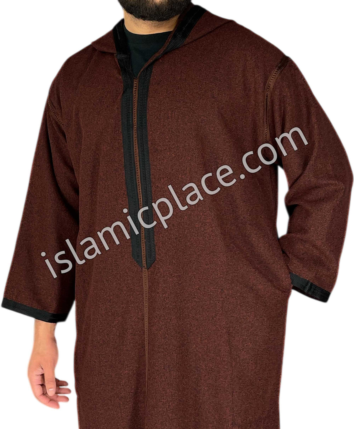 Burgundy - Men Moroccan Hooded Thob in Heavy Fabric