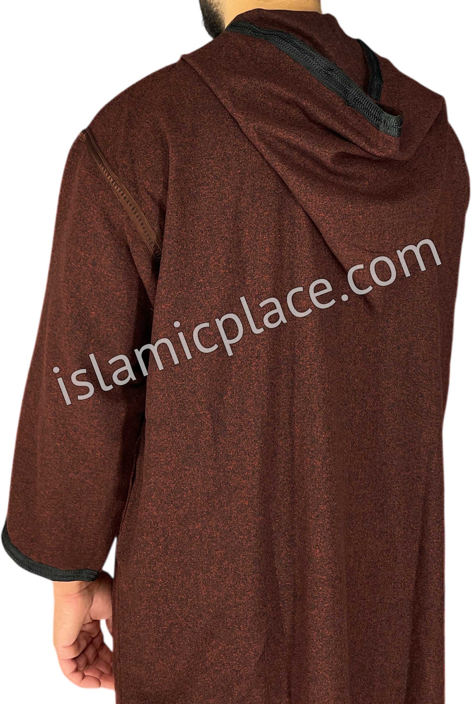 Burgundy - Men Moroccan Hooded Thob in Heavy Fabric