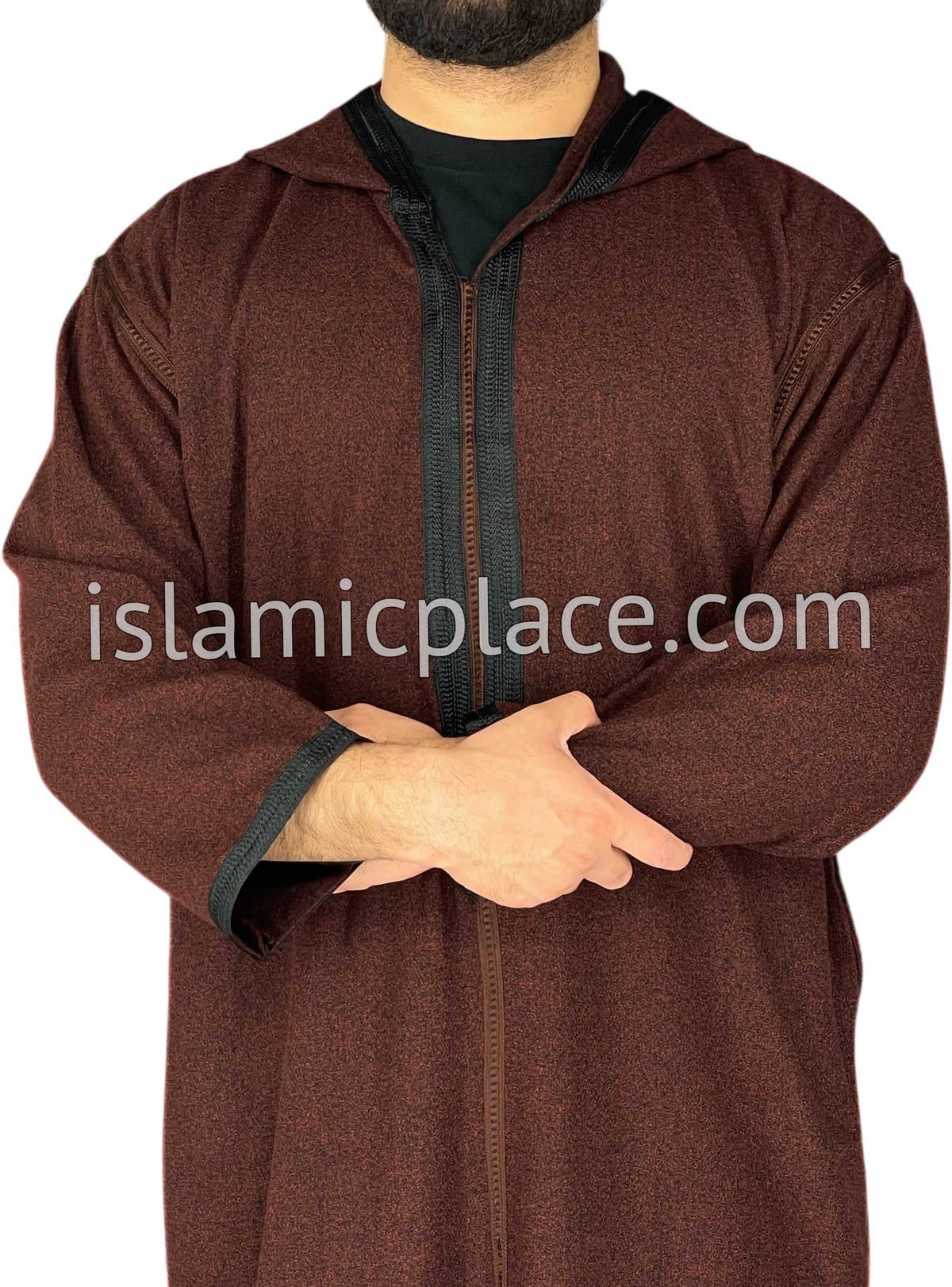 Burgundy - Men Moroccan Hooded Thob in Heavy Fabric