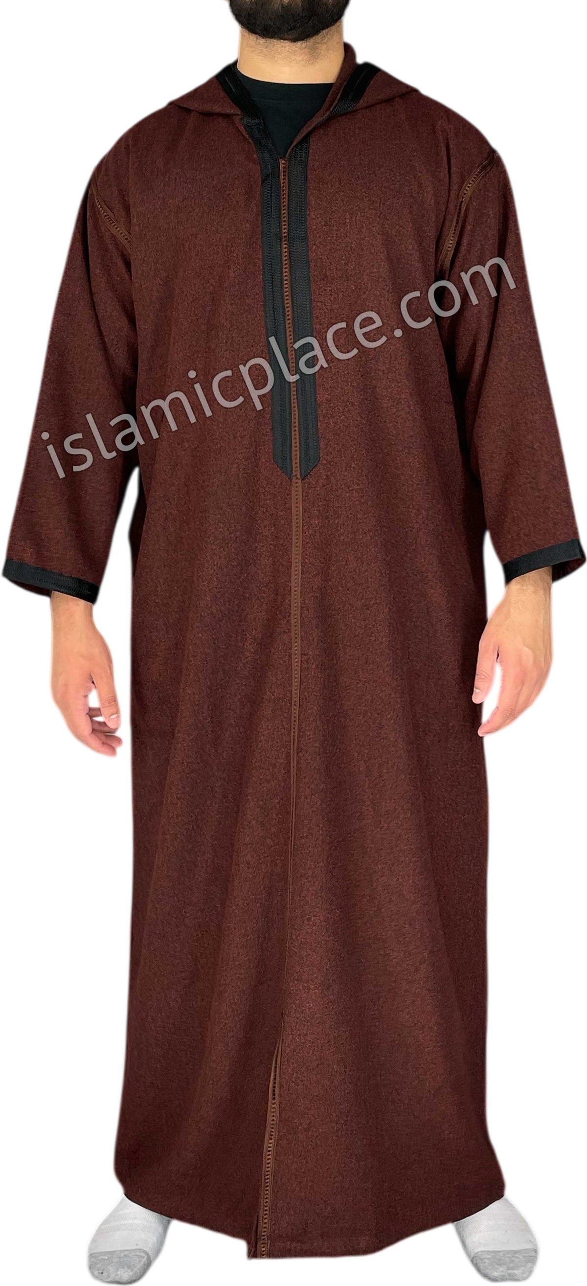 Burgundy - Men Moroccan Hooded Thob in Heavy Fabric