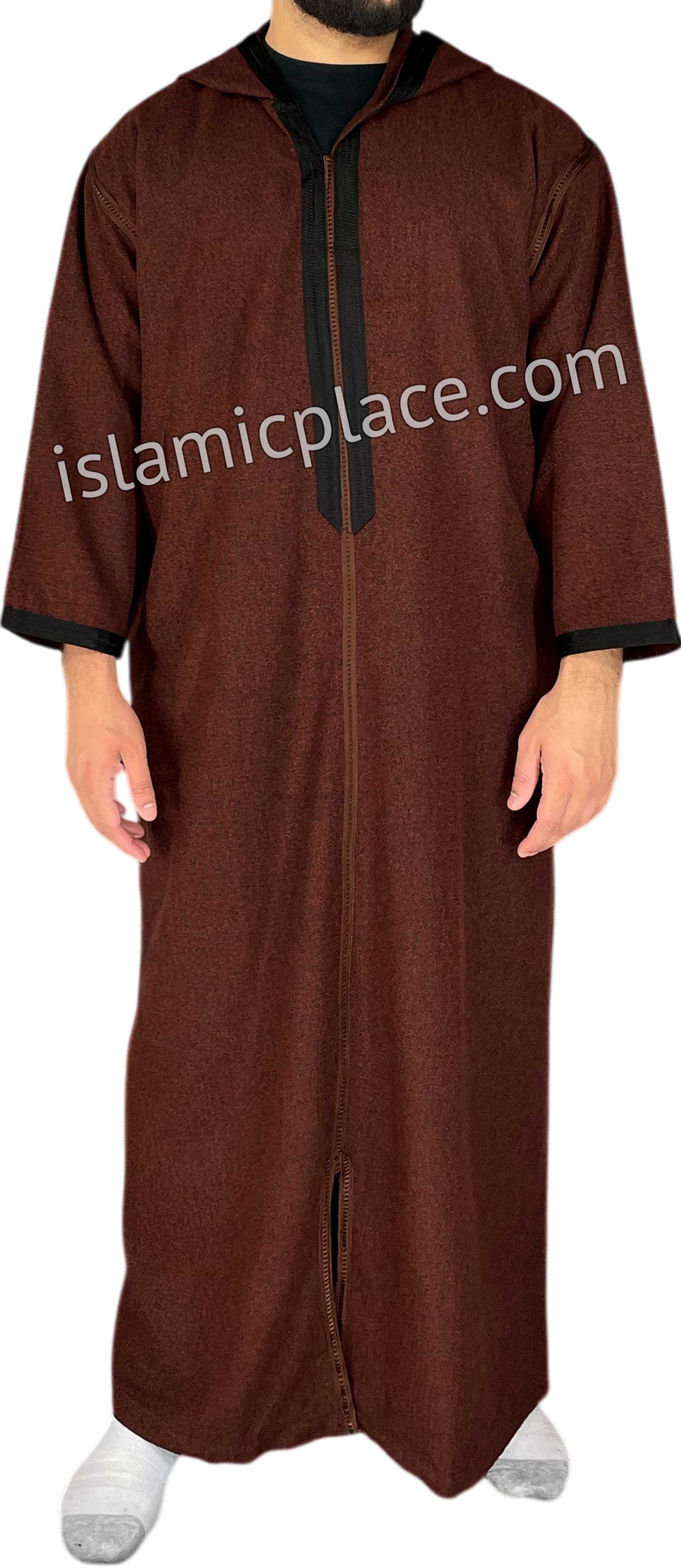 Burgundy - Men Moroccan Hooded Thob in Heavy Fabric