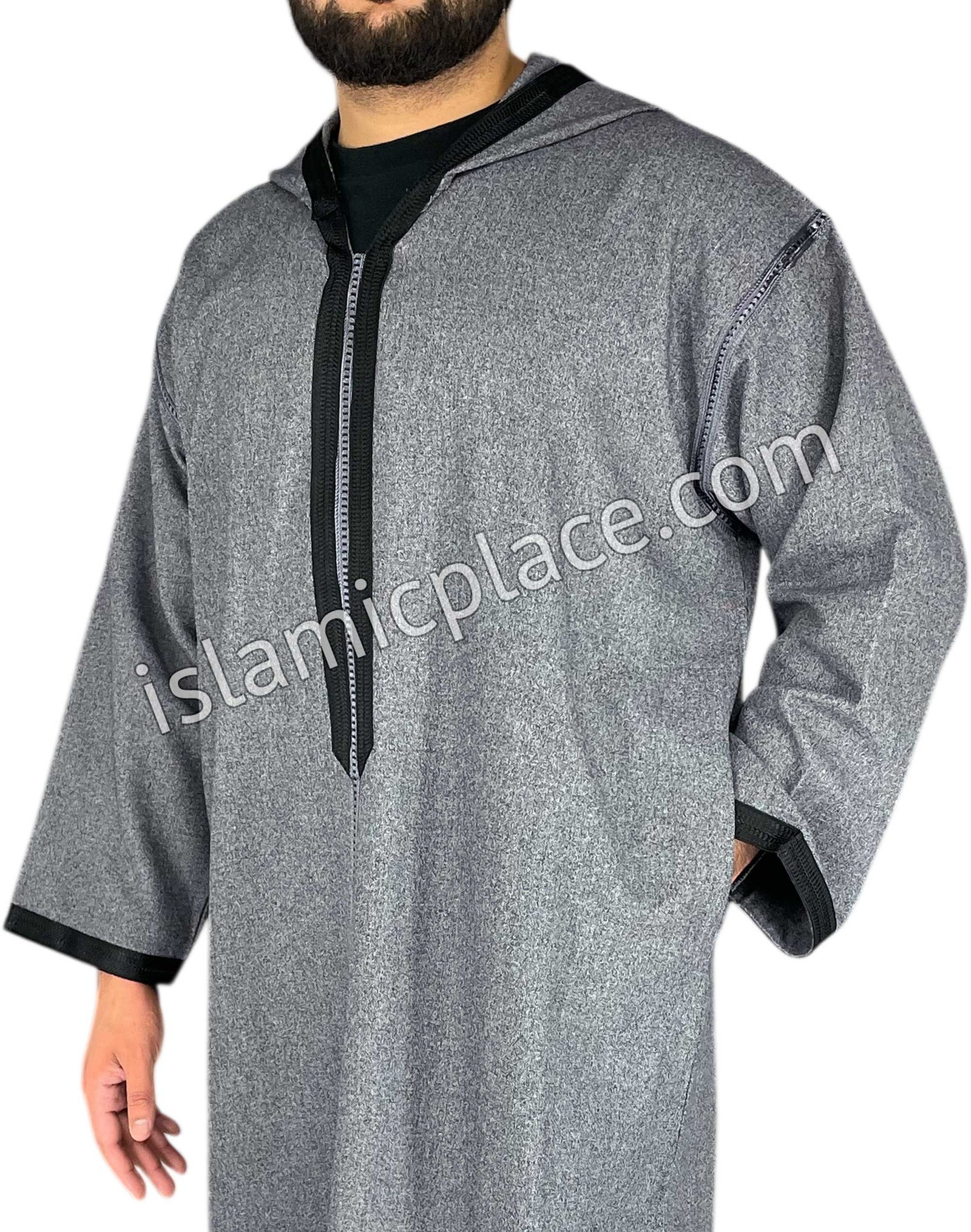 Charcoal Gray - Men Moroccan Hooded Thob in Heavy Fabric