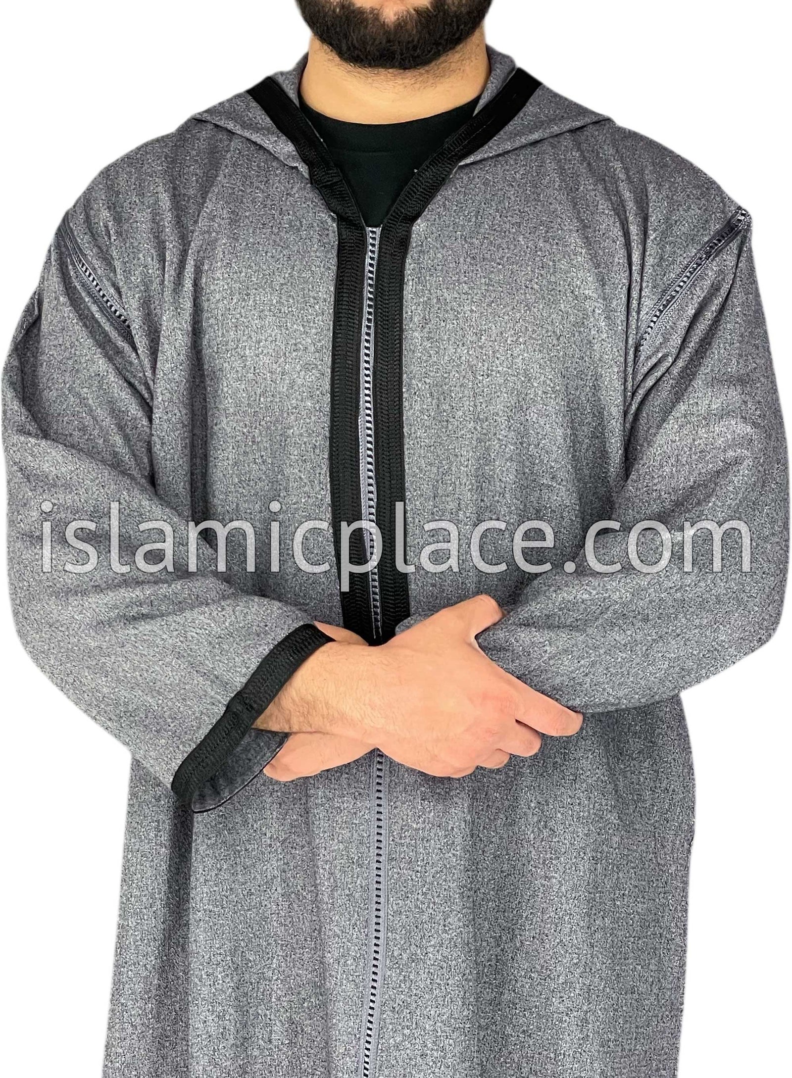 Charcoal Gray - Men Moroccan Hooded Thob in Heavy Fabric