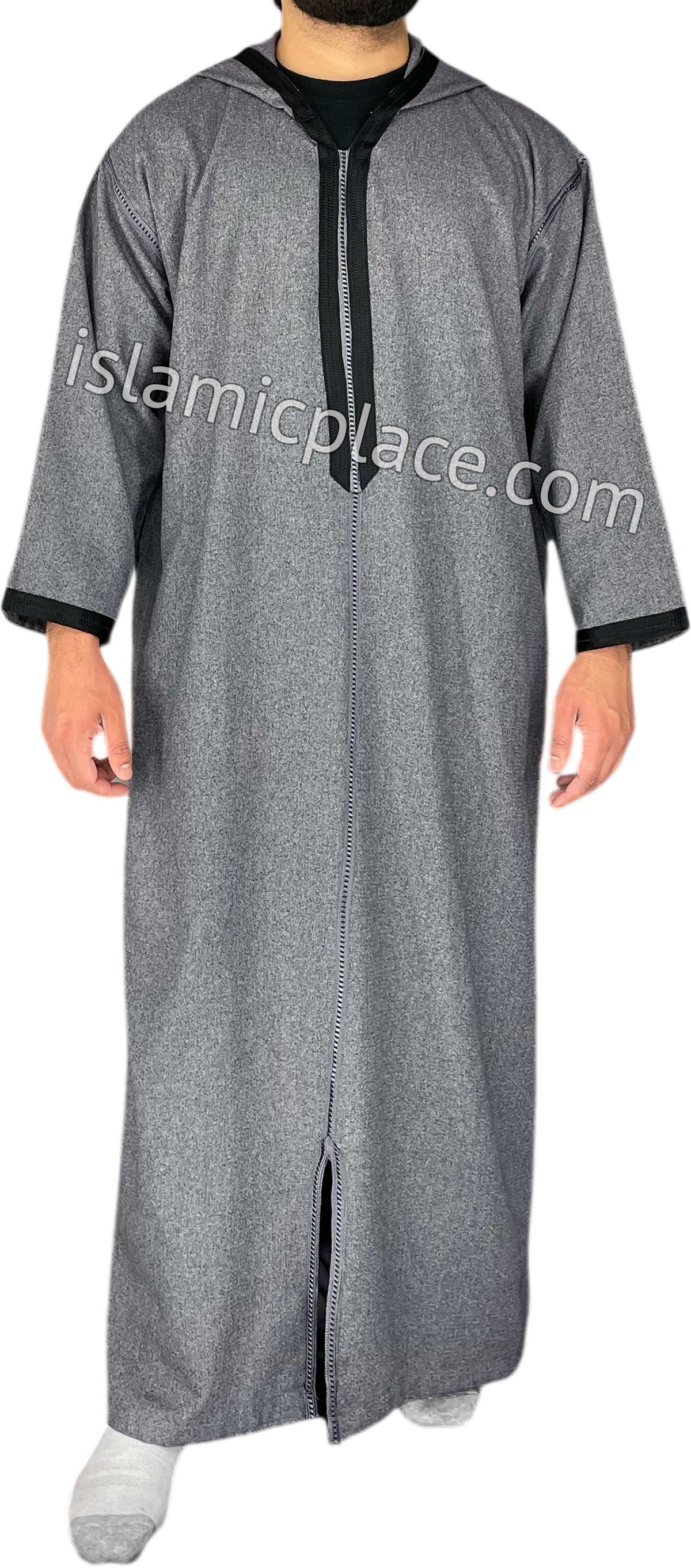 Charcoal Gray - Men Moroccan Hooded Thob in Heavy Fabric