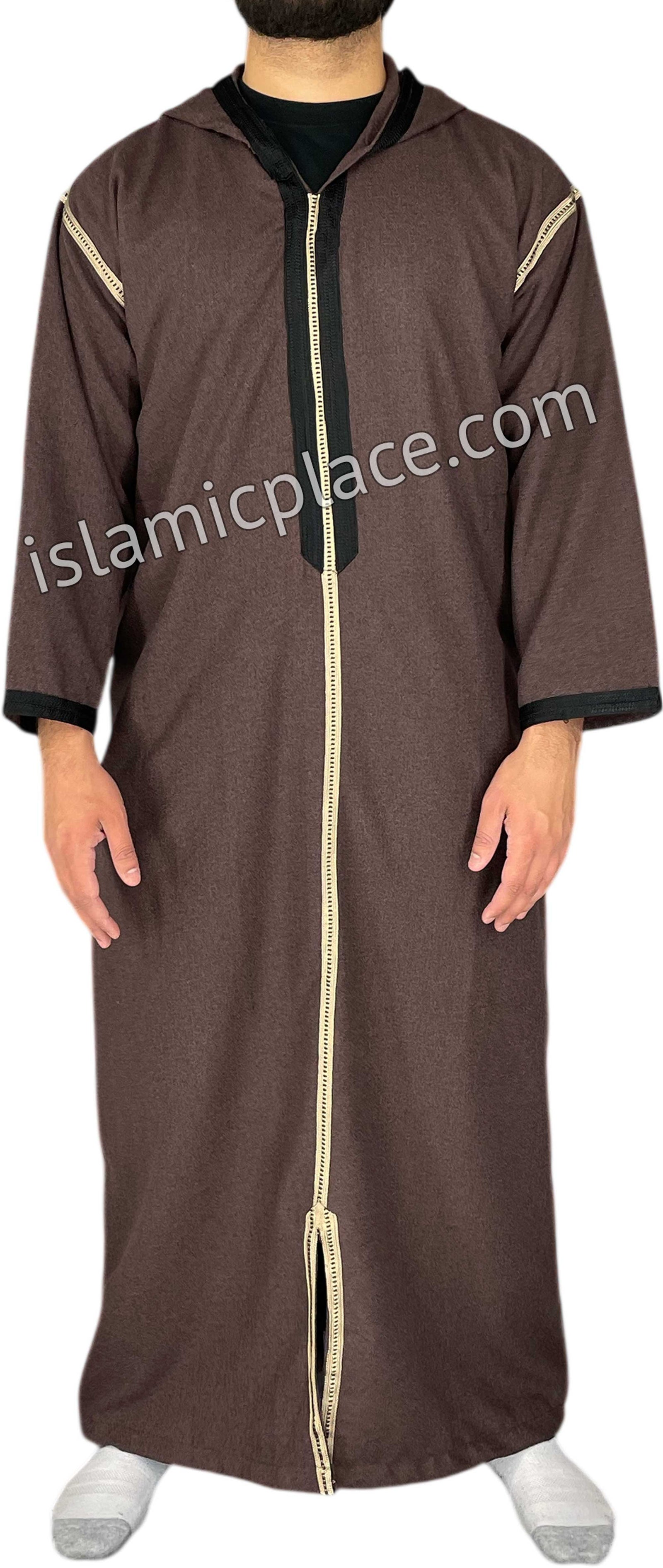 Dark Mauve - Men Moroccan Hooded Thob in Heavy Fabric