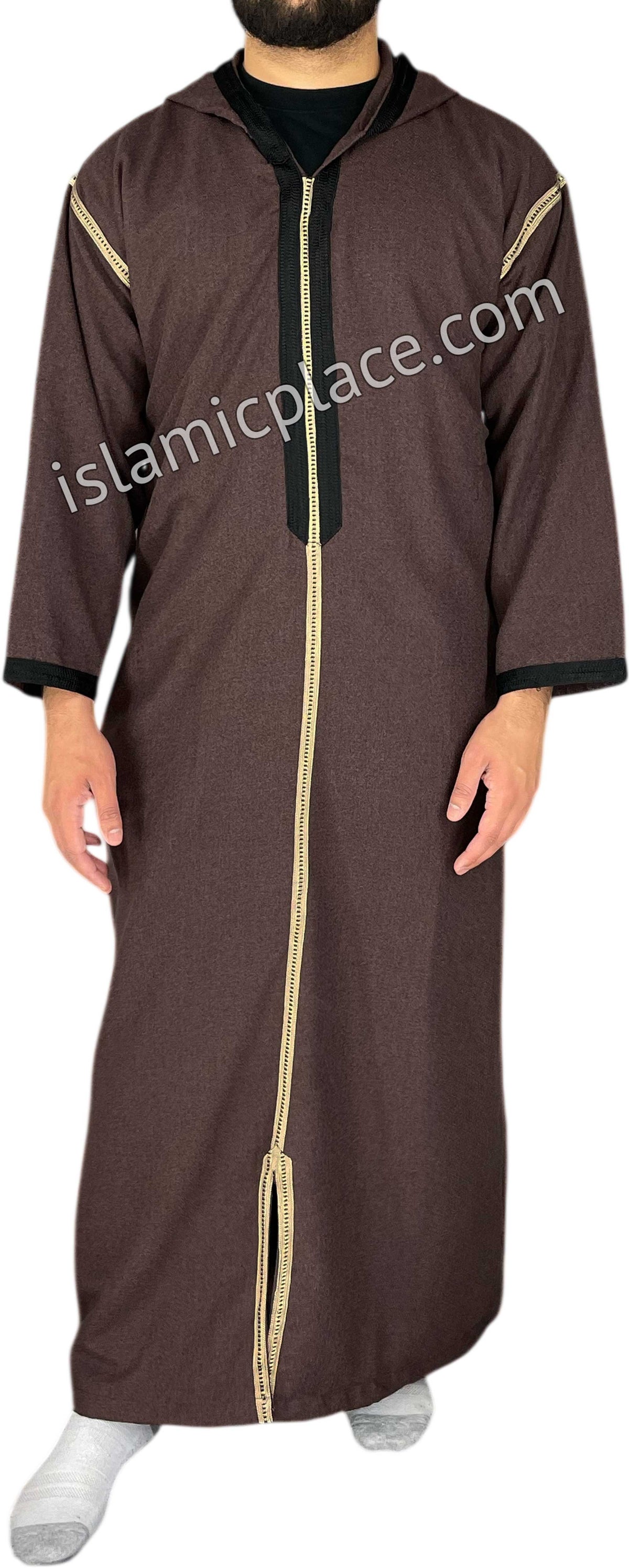 Dark Mauve - Men Moroccan Hooded Thob in Heavy Fabric