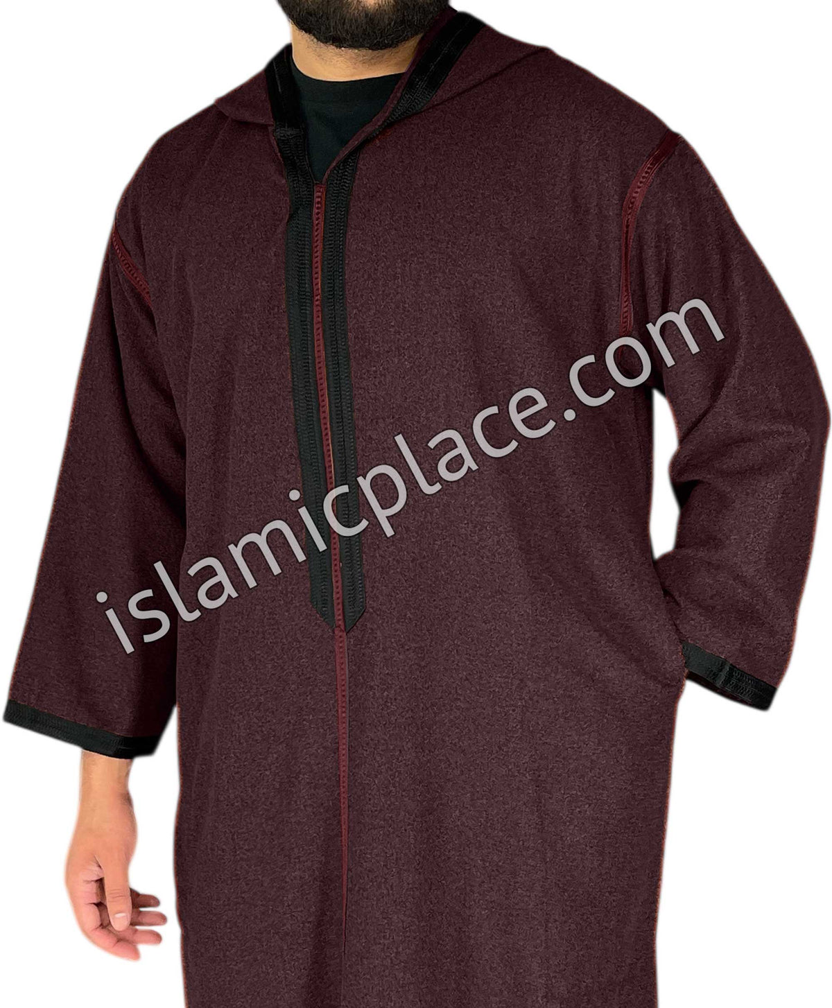 Plum - Men Moroccan Hooded Thob in Heavy Fabric