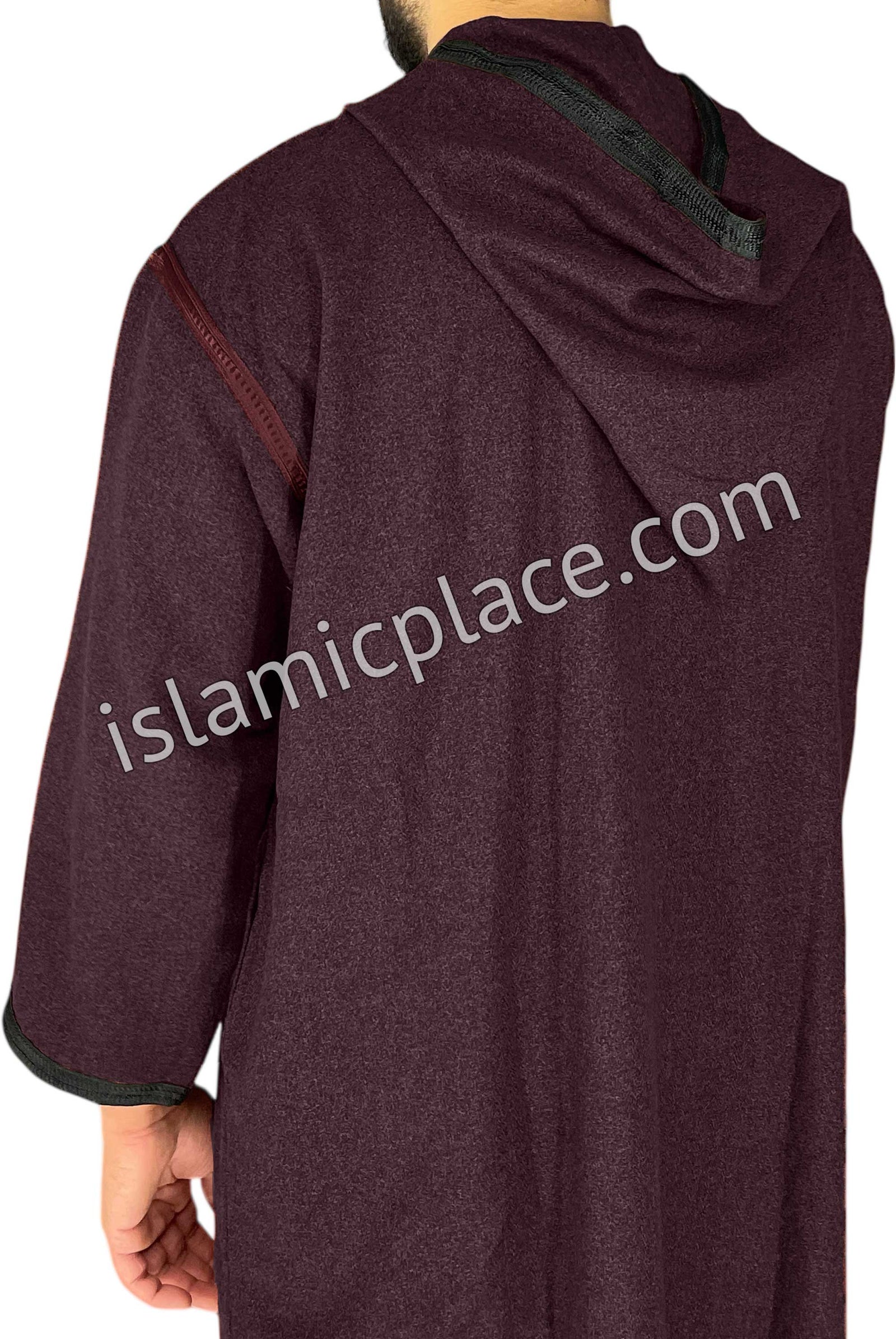 Plum - Men Moroccan Hooded Thob in Heavy Fabric