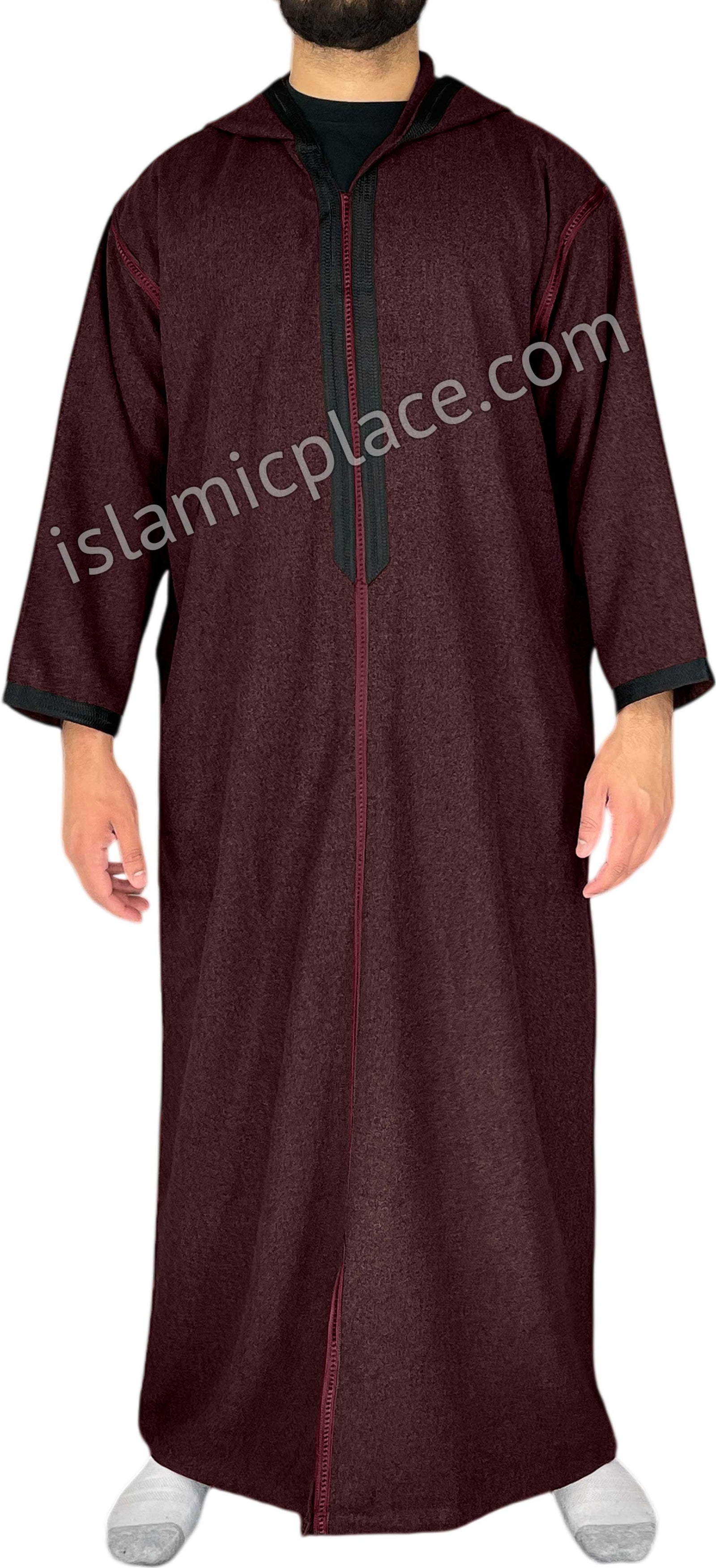 Plum - Men Moroccan Hooded Thob in Heavy Fabric