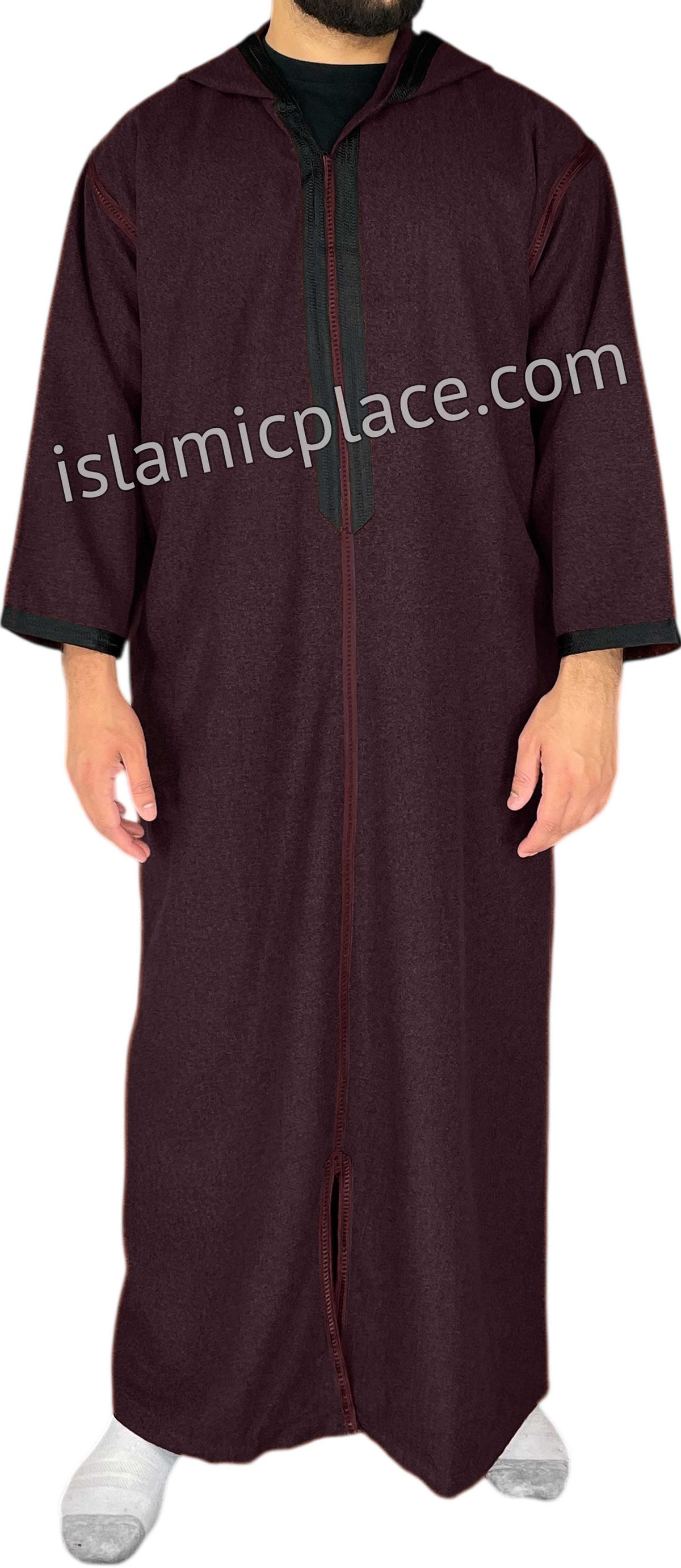 Plum - Men Moroccan Hooded Thob in Heavy Fabric