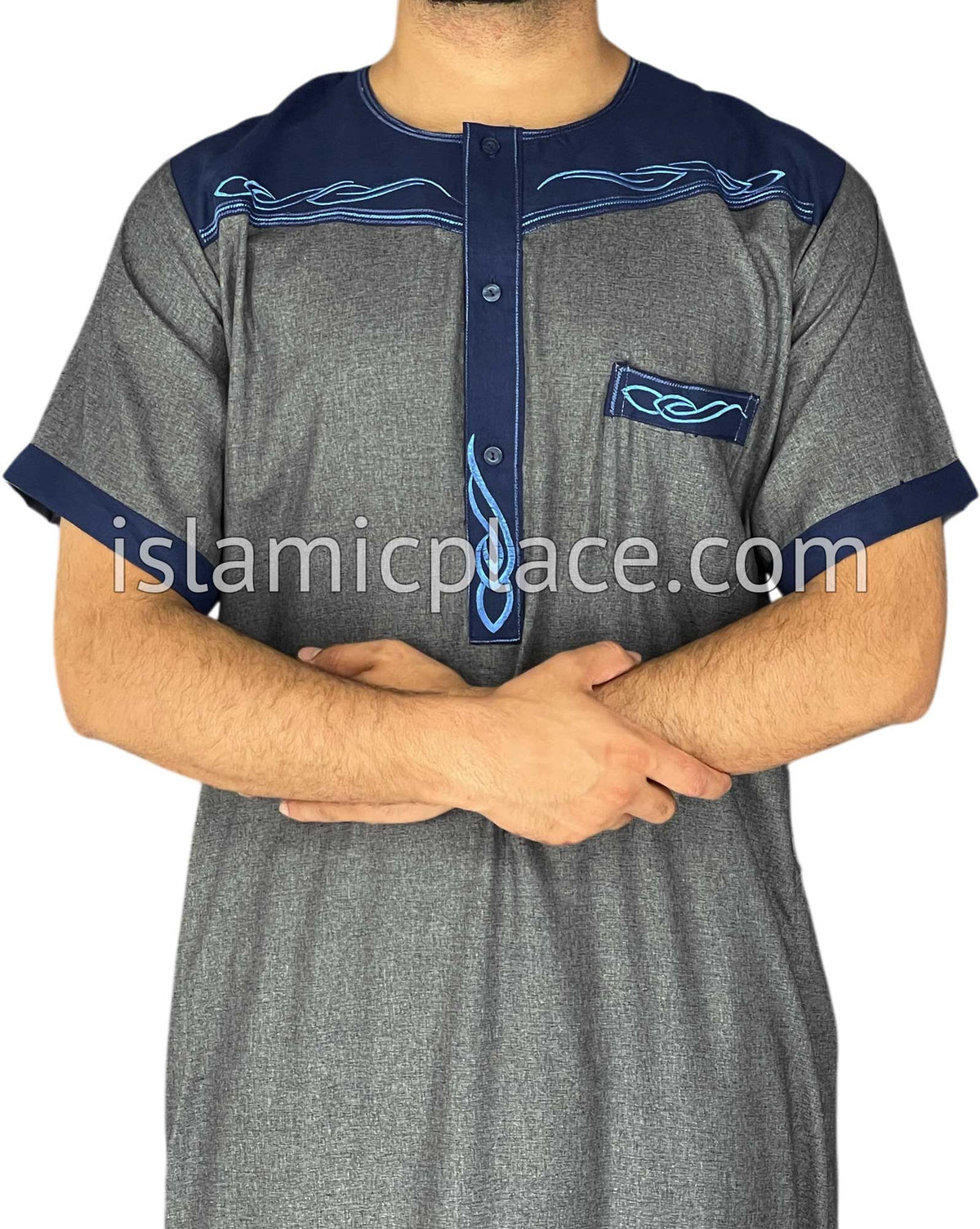Gray and Navy Blue - Mahmood Style Short Sleeve Thob