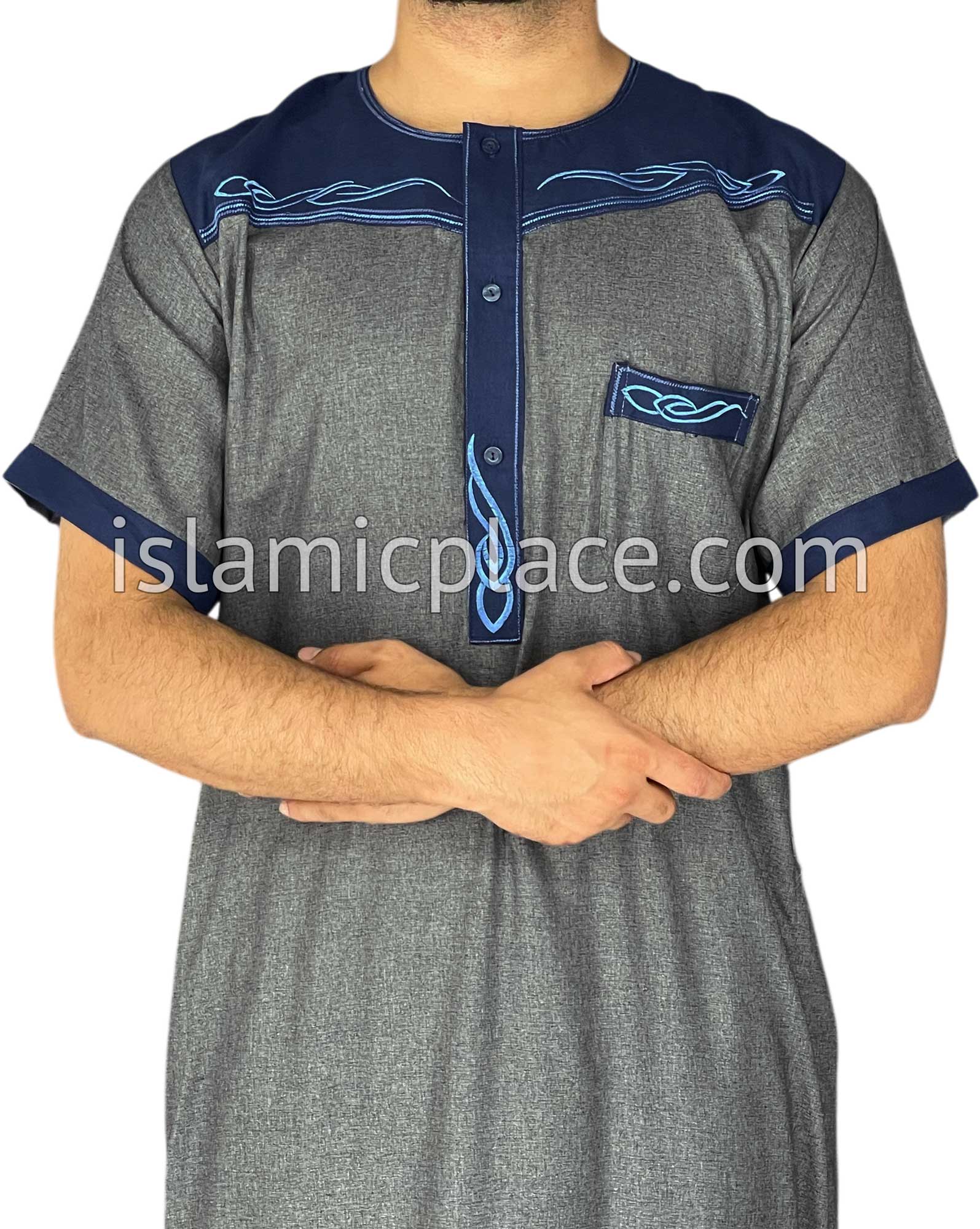 Gray and Navy Blue - Mahmood Style Short Sleeve Thob
