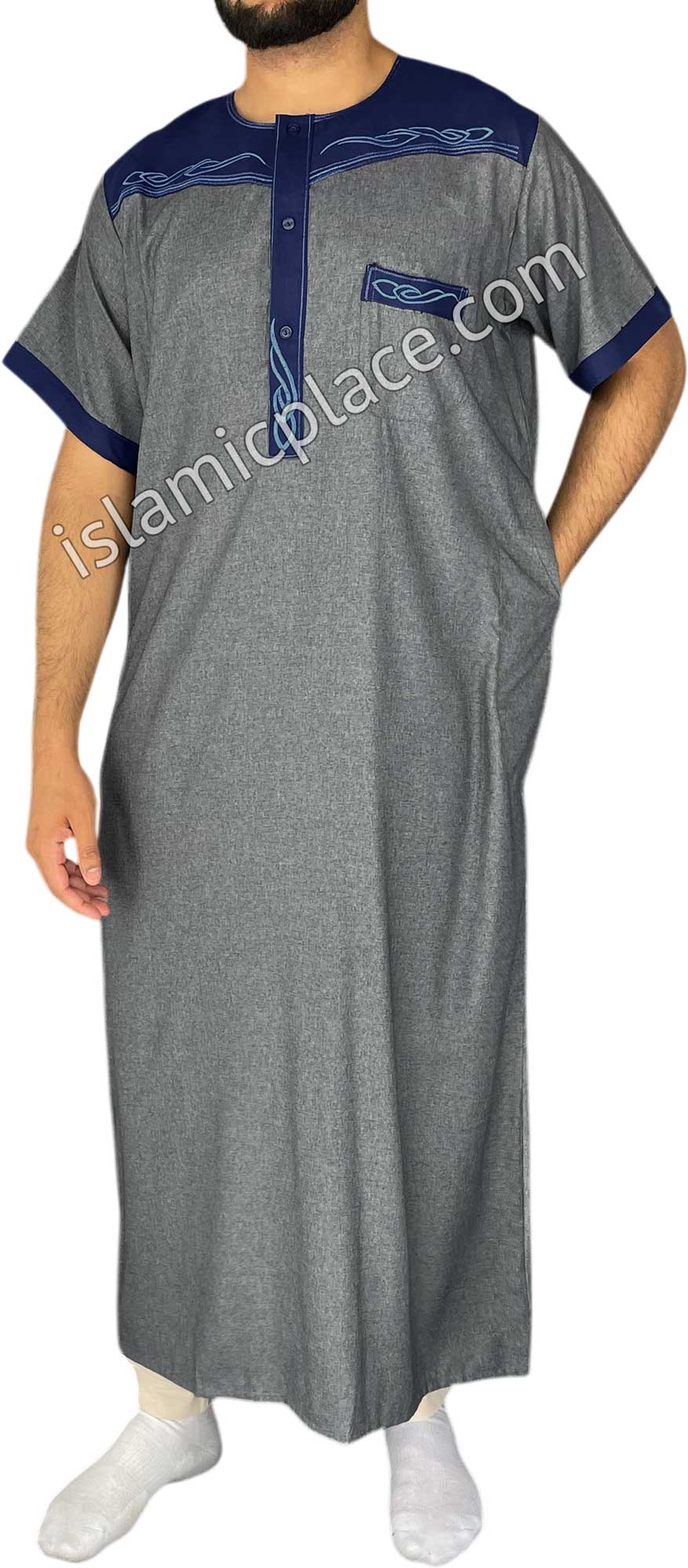 Gray and Navy Blue - Mahmood Style Short Sleeve Thob