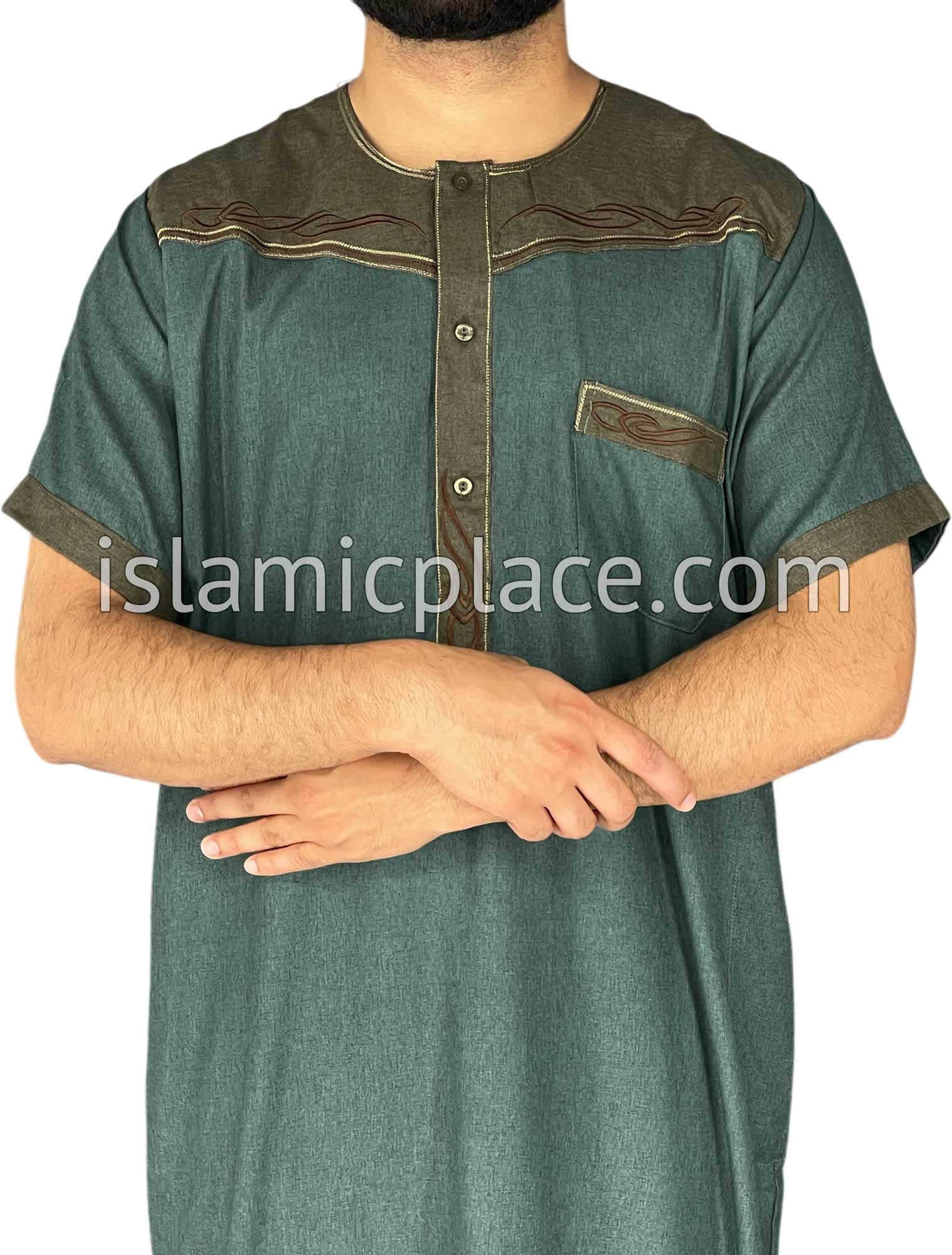Green and Taupe - Mahmood Style Short Sleeve Thob