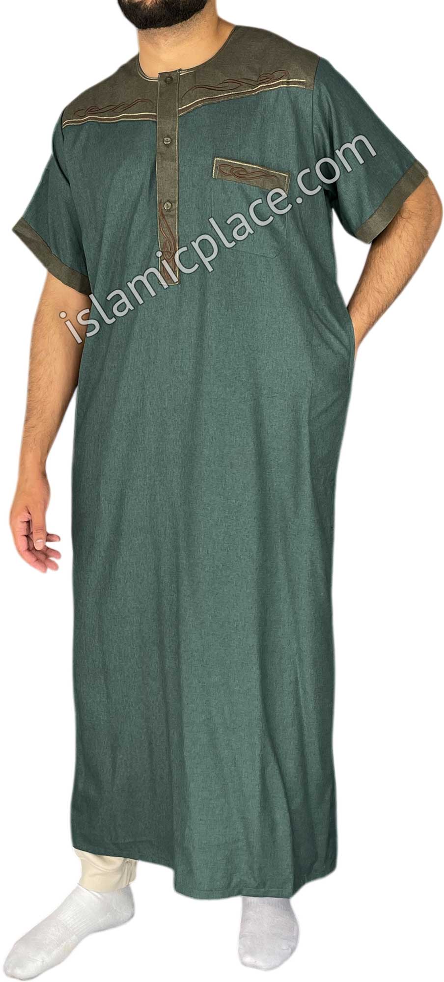 Green and Taupe - Mahmood Style Short Sleeve Thob