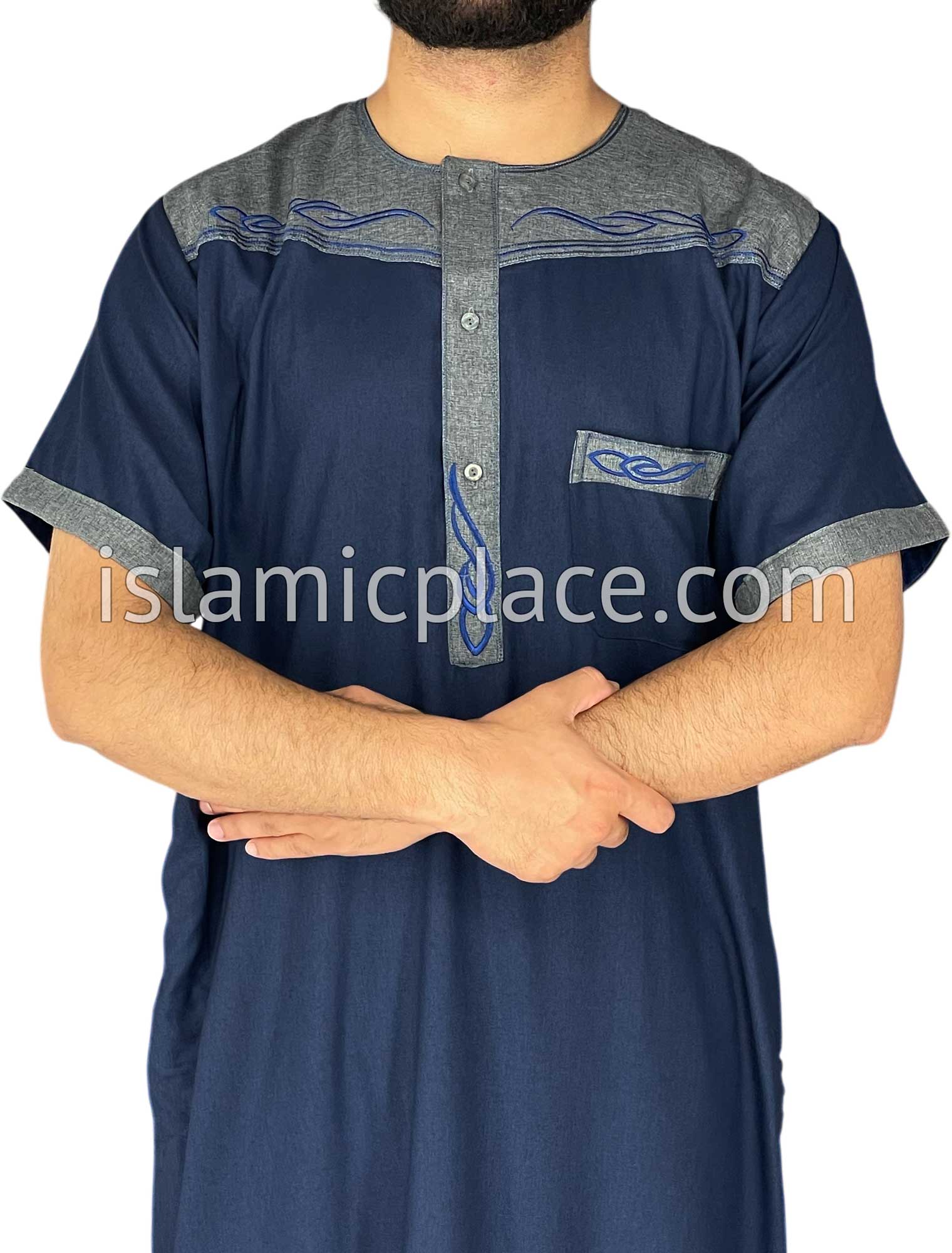 Navy Blue and Gray - Mahmood Style Short Sleeve Thob