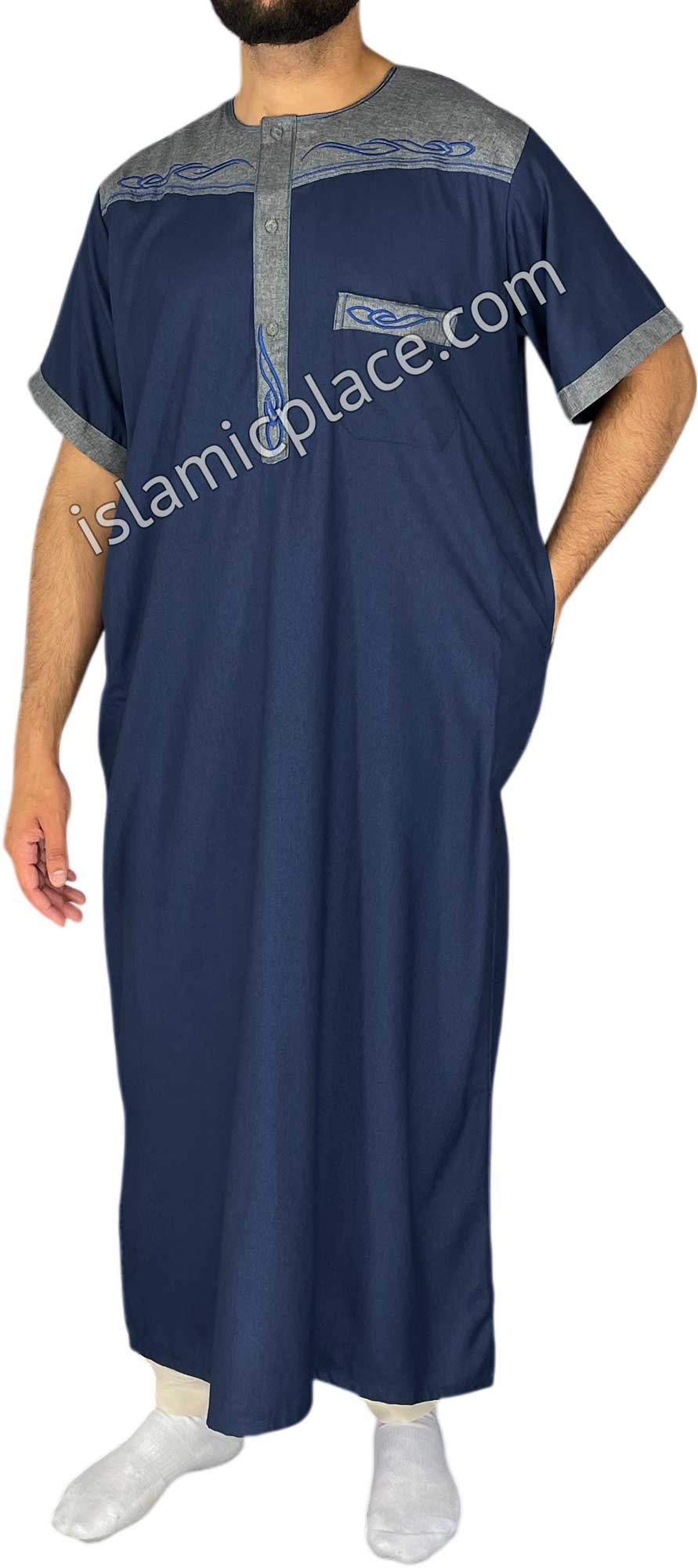 Navy Blue and Gray - Mahmood Style Short Sleeve Thob