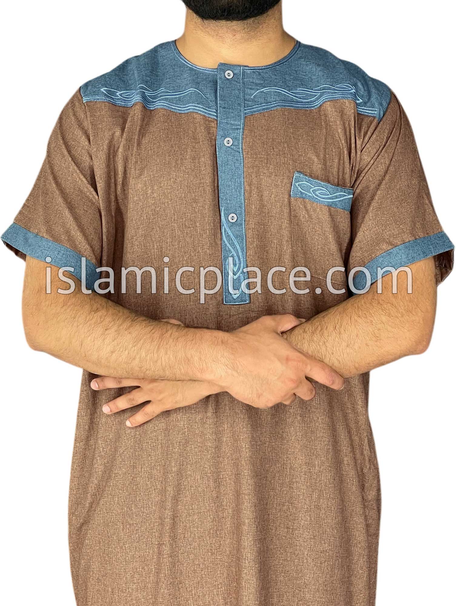 Pecan and Steel Blue - Mahmood Style Short Sleeve Thob