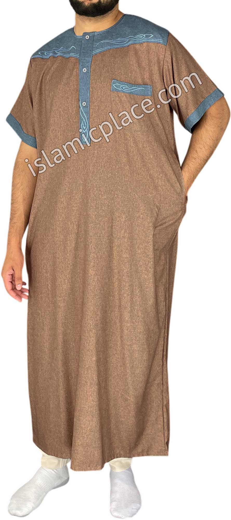 Pecan and Steel Blue - Mahmood Style Short Sleeve Thob