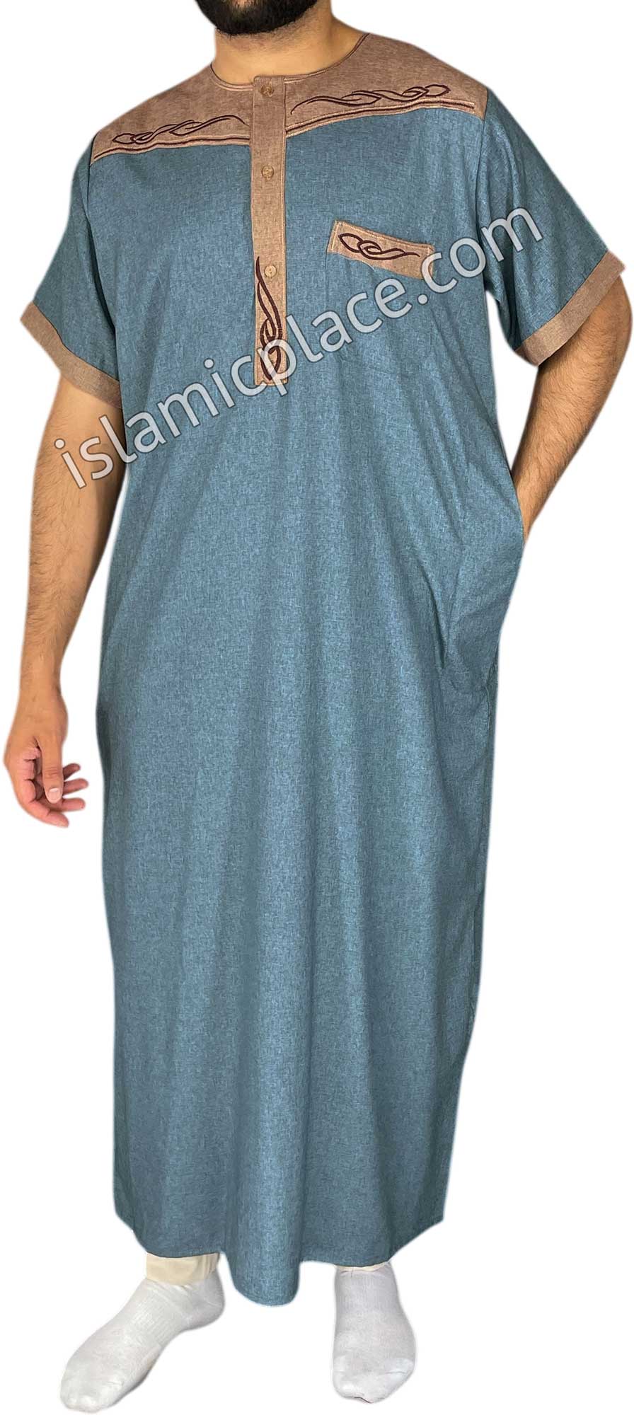 Steel Blue and Pecan - Mahmood Style Short Sleeve Thob