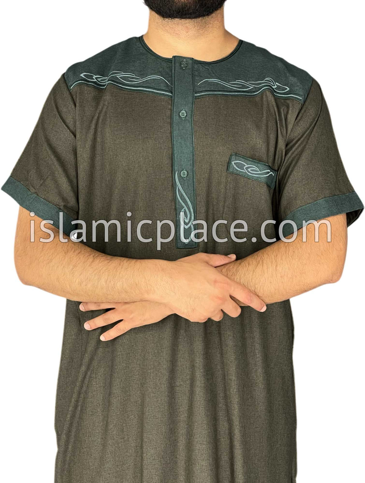Taupe and Green - Mahmood Style Short Sleeve Thob