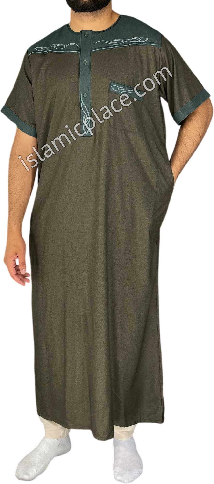 Taupe and Green - Mahmood Style Short Sleeve Thob