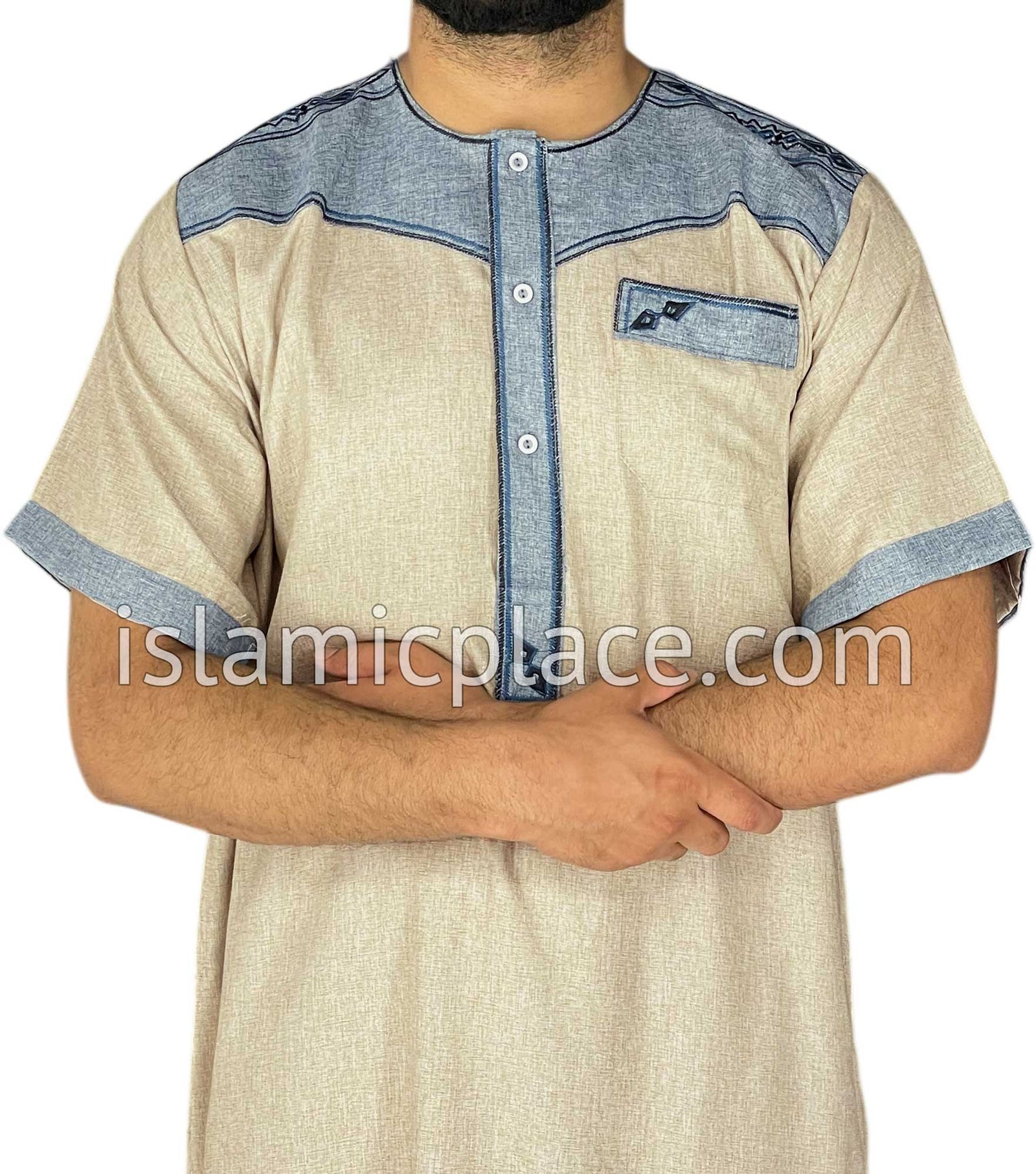 Beige and Silver Gray - Nawaz Style Short Sleeve Thob