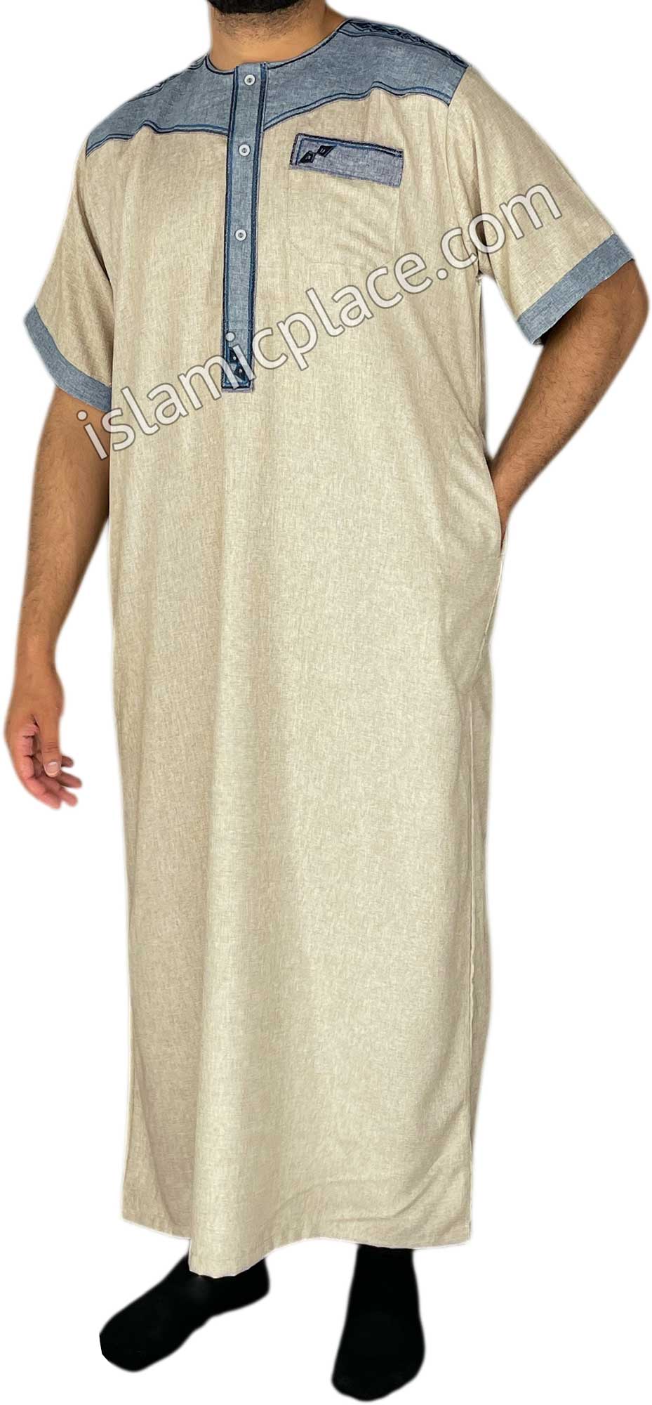 Beige and Silver Gray - Nawaz Style Short Sleeve Thob