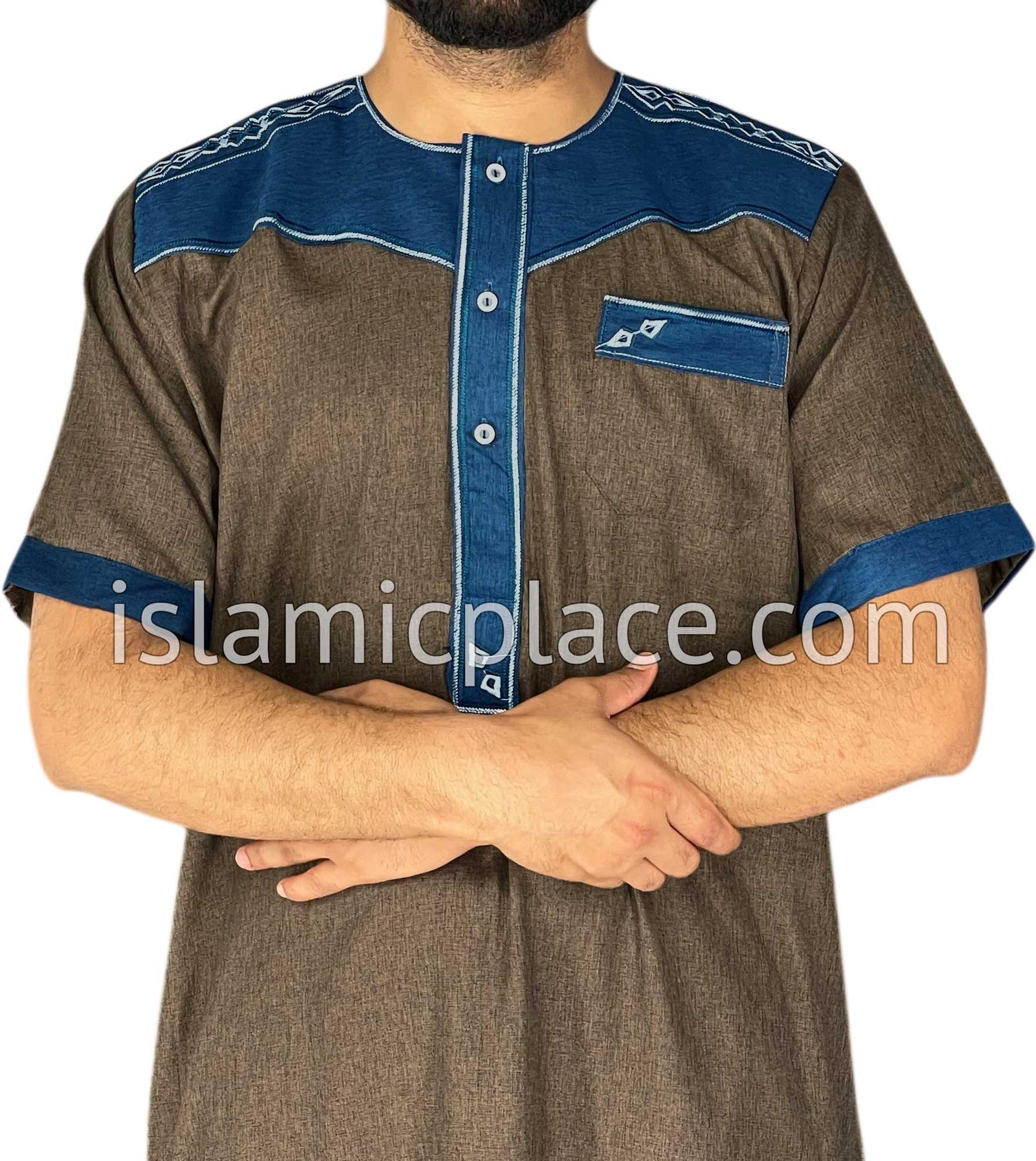 Brown and Denim Blue - Nawaz Style Short Sleeve Thob