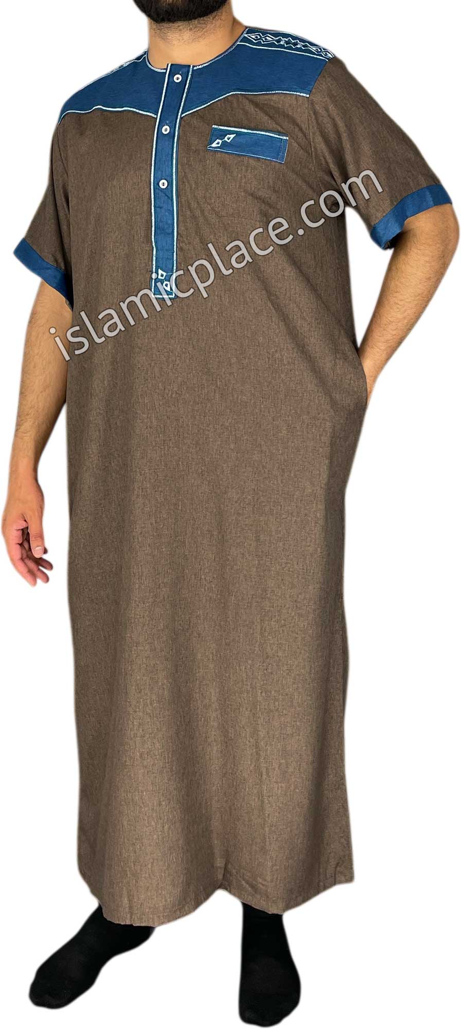 Brown and Denim Blue - Nawaz Style Short Sleeve Thob