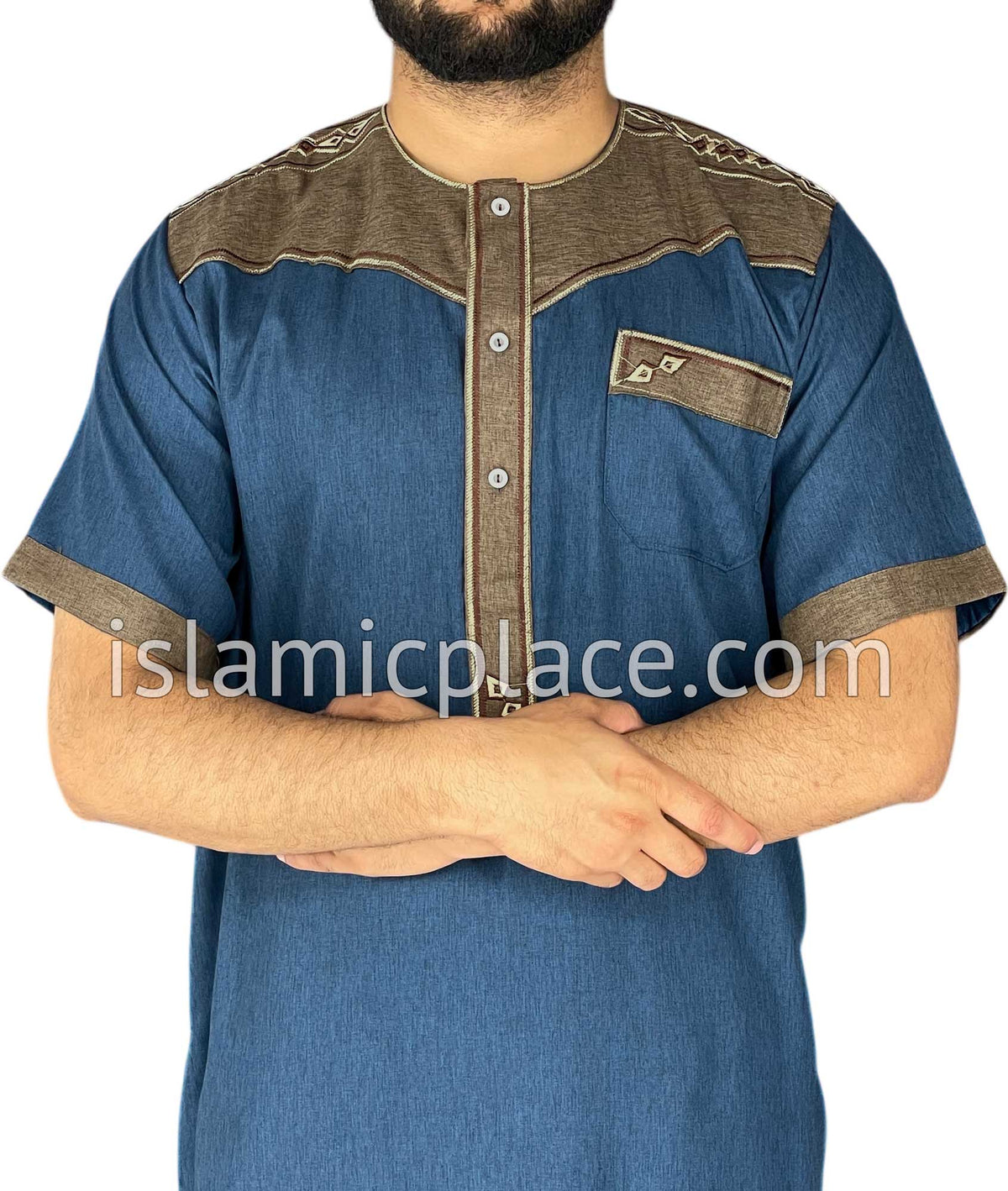 Denim Blue and Brown - Nawaz Style Short Sleeve Thob