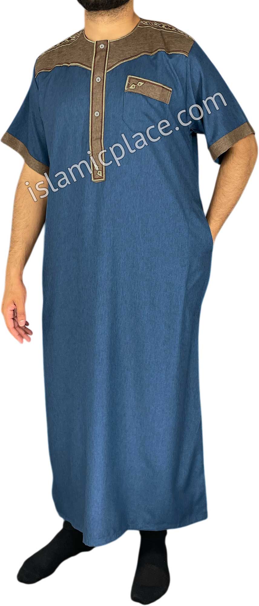 Denim Blue and Brown - Nawaz Style Short Sleeve Thob