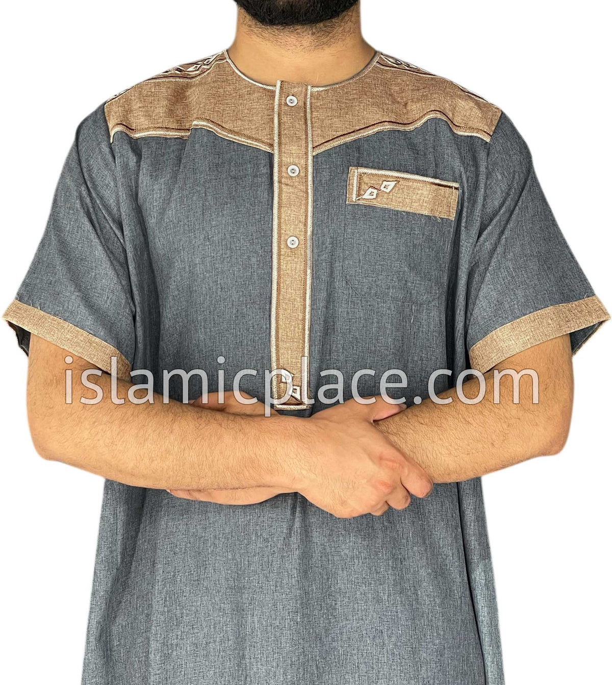 Gray and Khaki - Nawaz Style Short Sleeve Thob