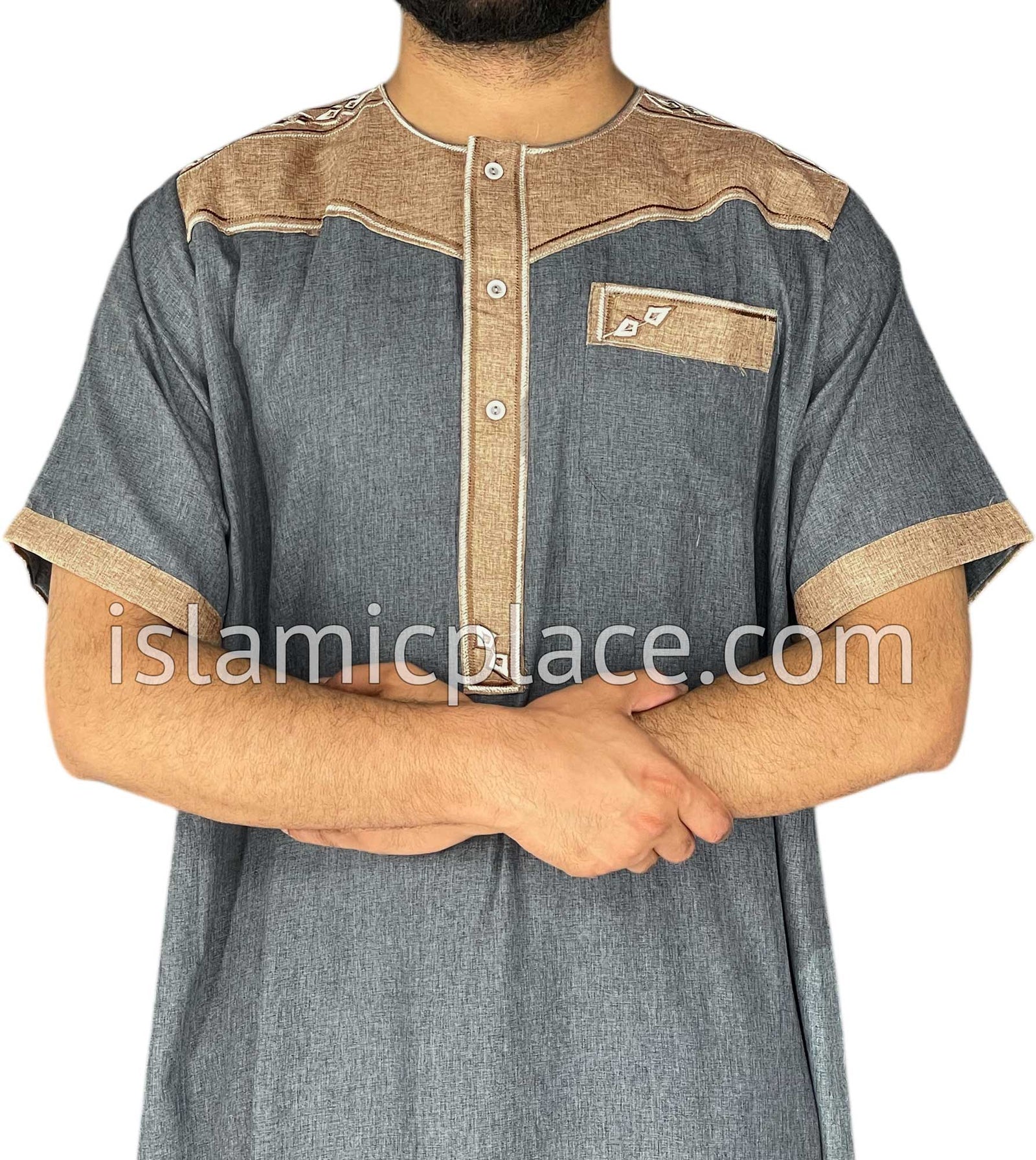 Gray and Khaki - Nawaz Style Short Sleeve Thob